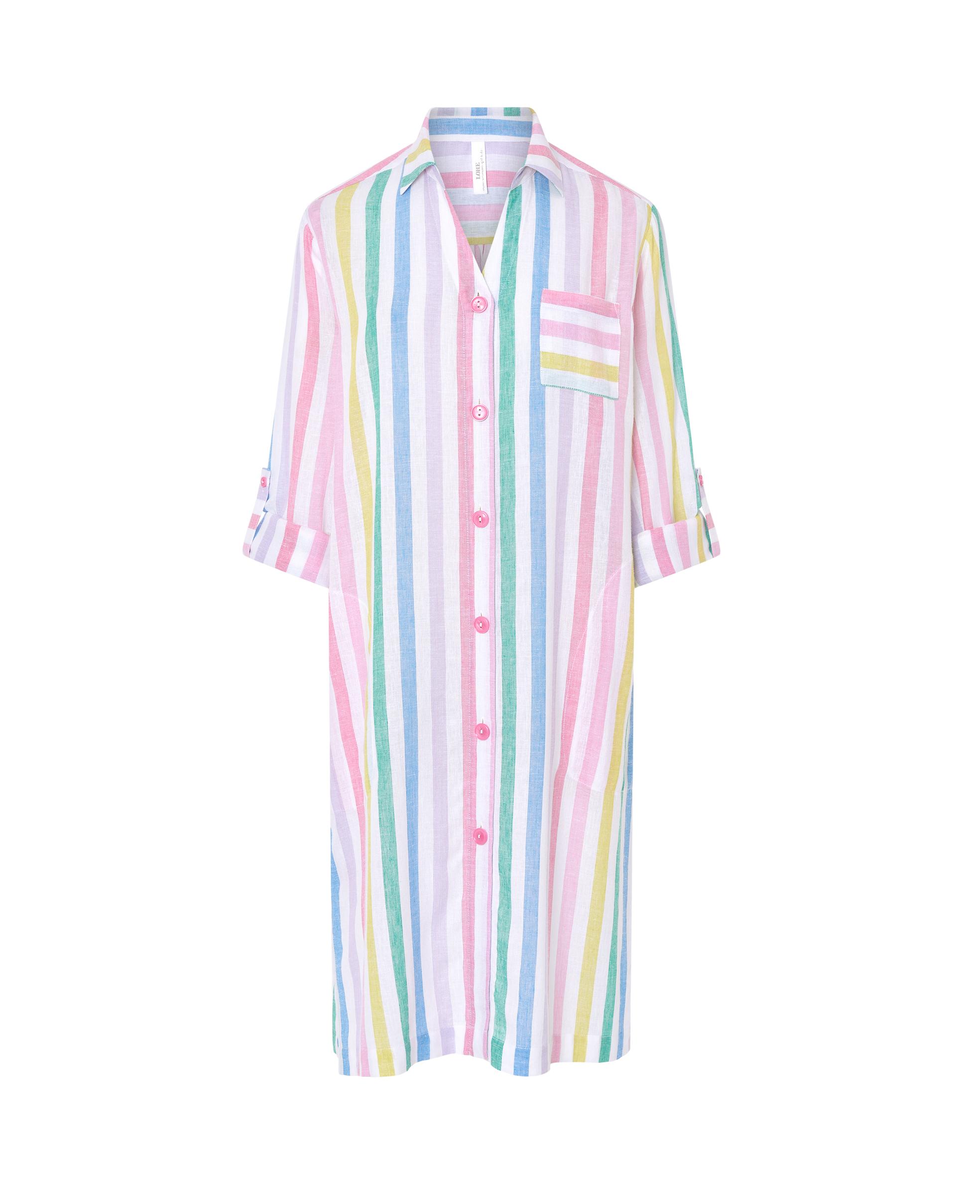 Vestido de Praia Curto com Botões Às Riscas Rosa / Branco-3