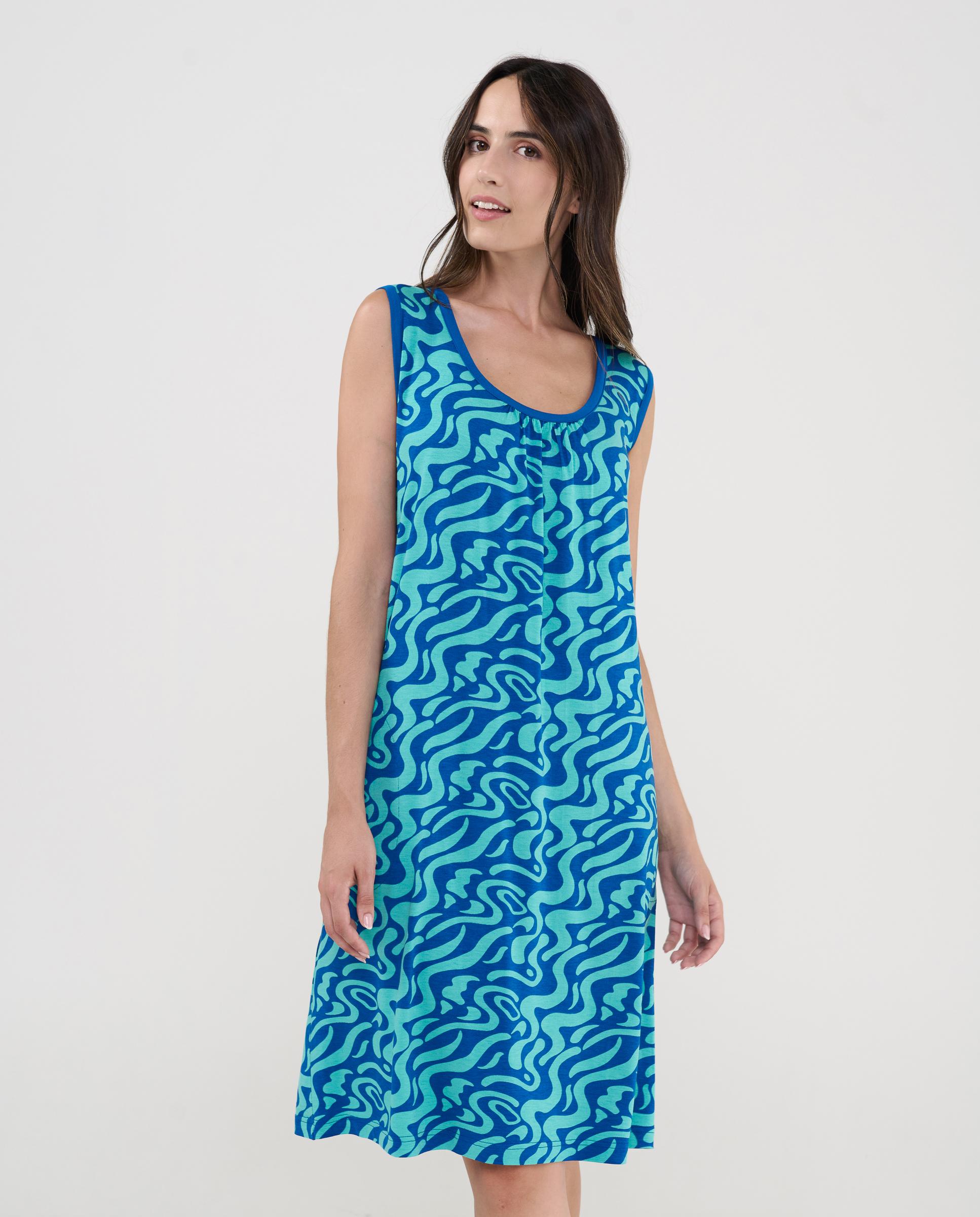 Vestido de Praia Curto sem Mangas Estampado Azul / Verde-2