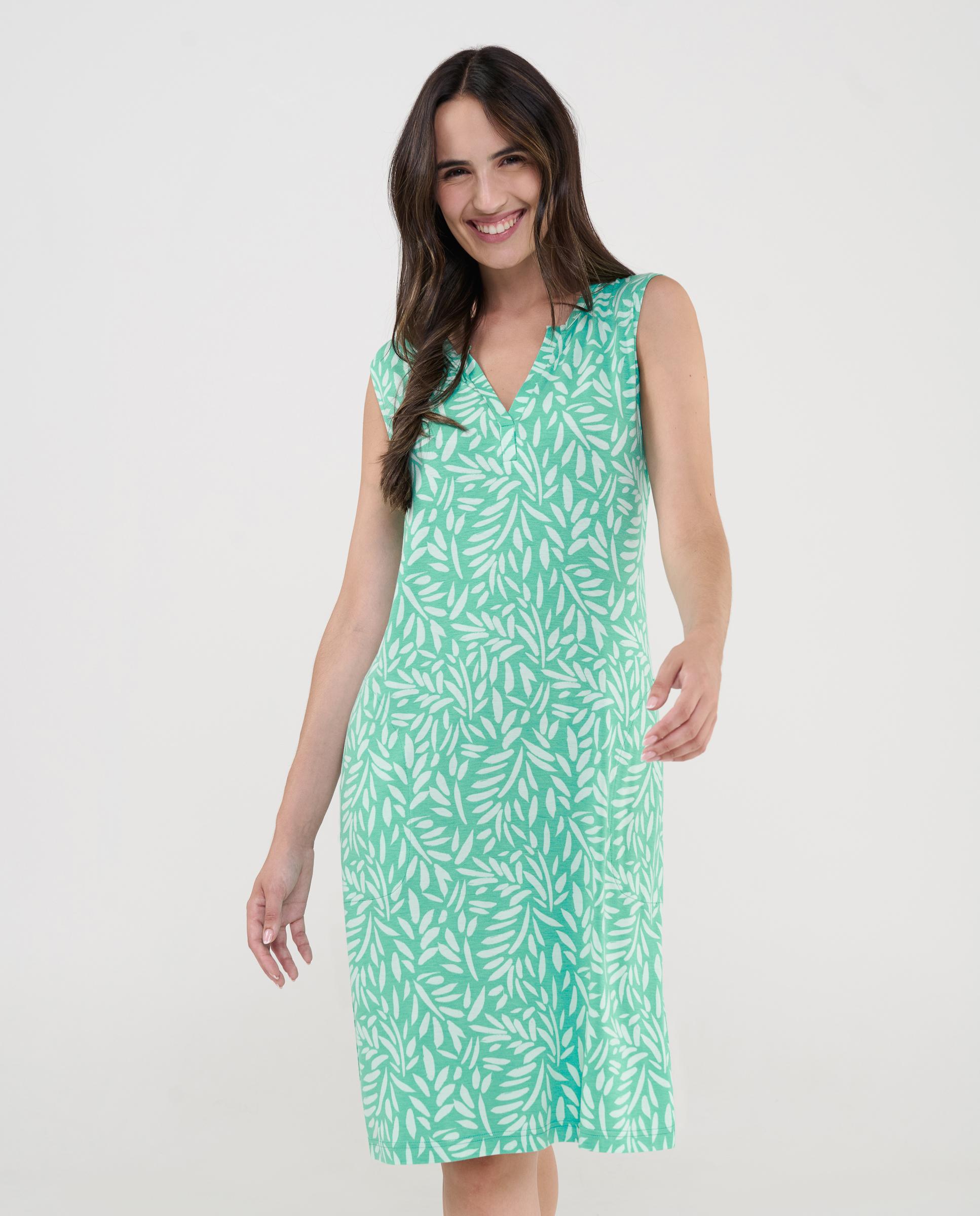Vestido de Praia Curto sem Mangas Estampado Verde-2