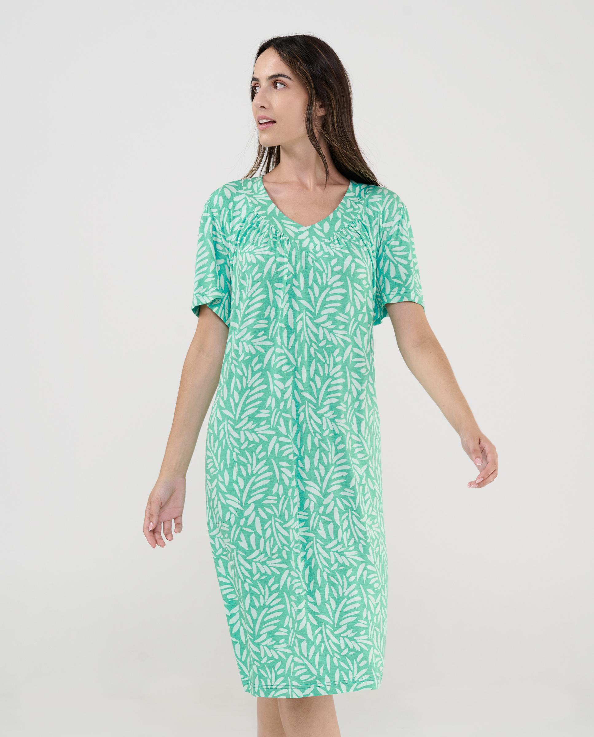 Vestido de Praia de Manga Curta Estampado Branco / Verde-1