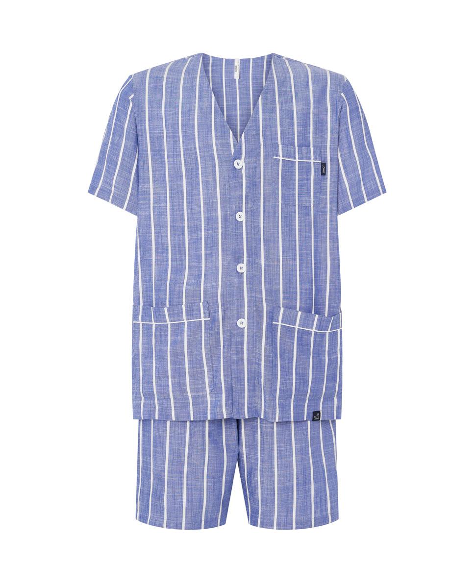 Pijama Curto com Botões Às Riscas Azul-3