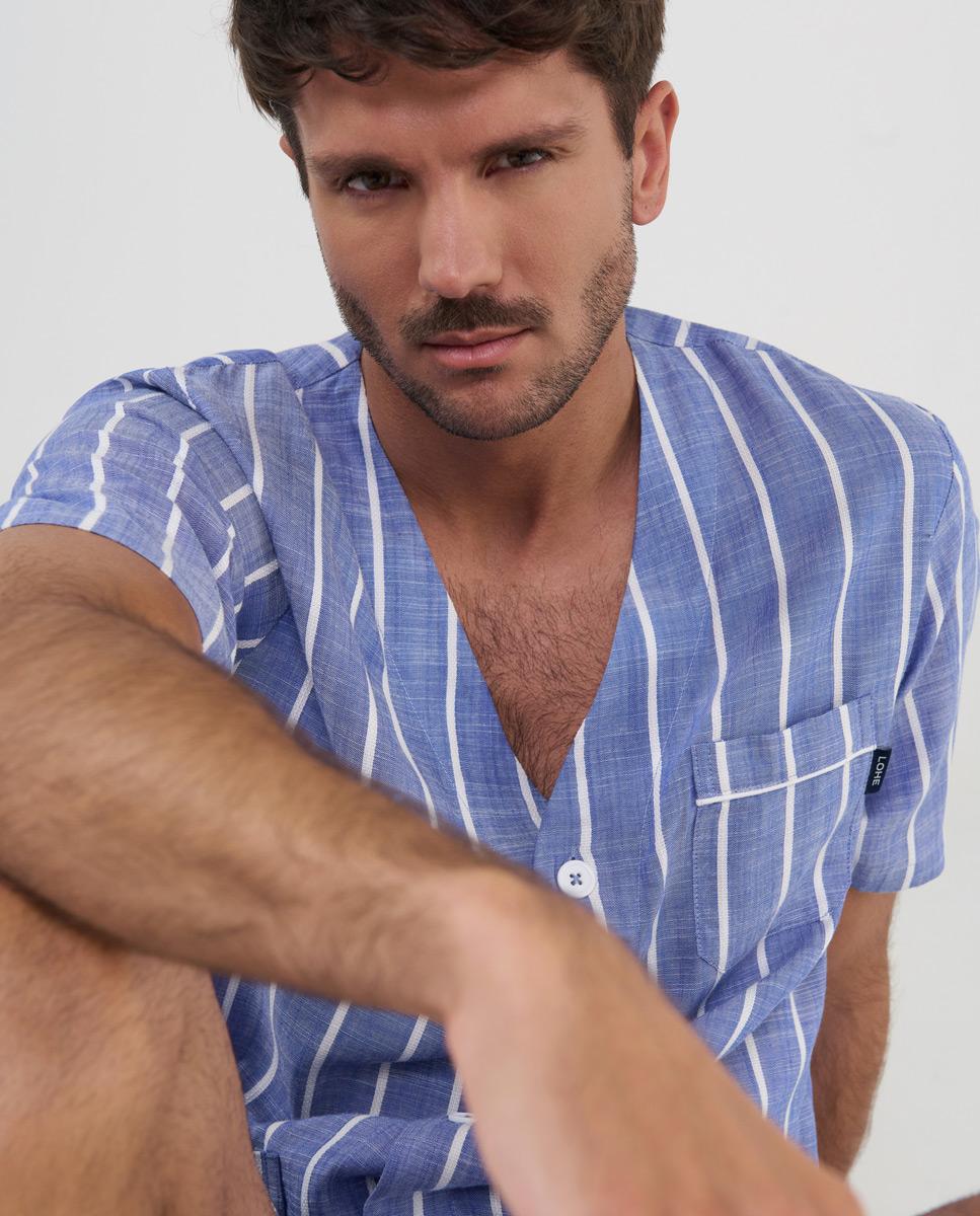 Pijama Curto com Botões Às Riscas Azul-4