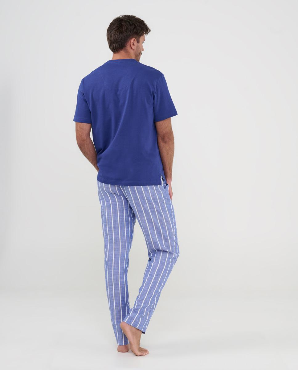Pijama de Manga Curta Calças Compridas Às Riscas Azul-2