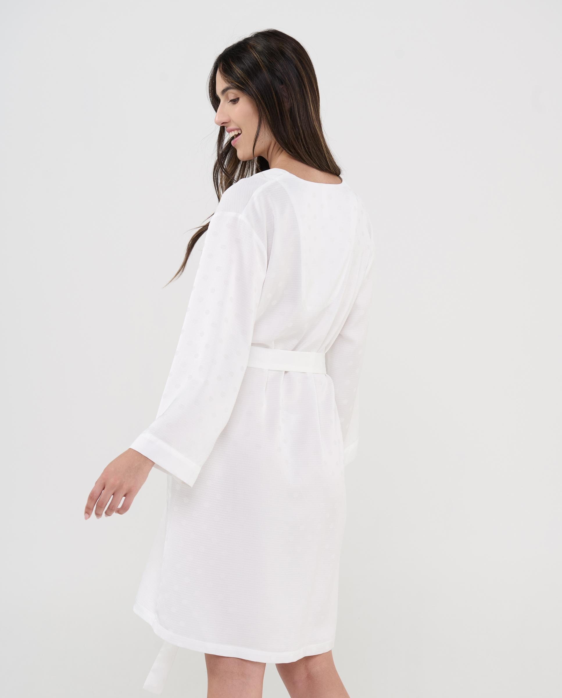 Robe Curto de Manga Comprida em Cetim com Bolinhas Marfim-2