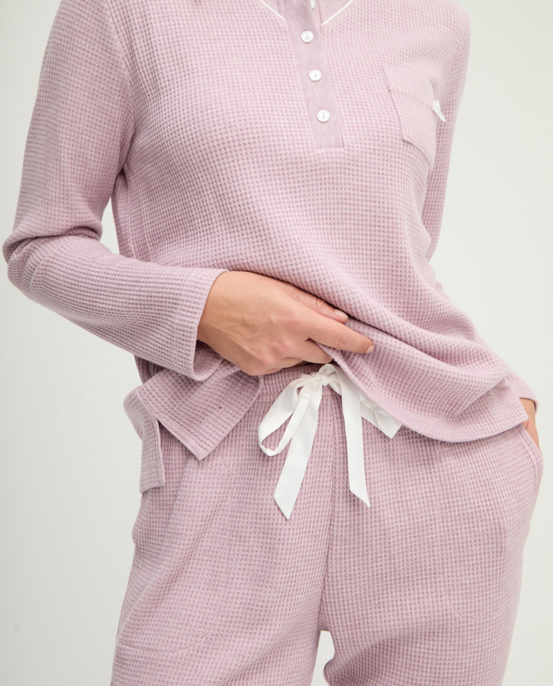 Pijama com Gola em V e Botões Malva-4