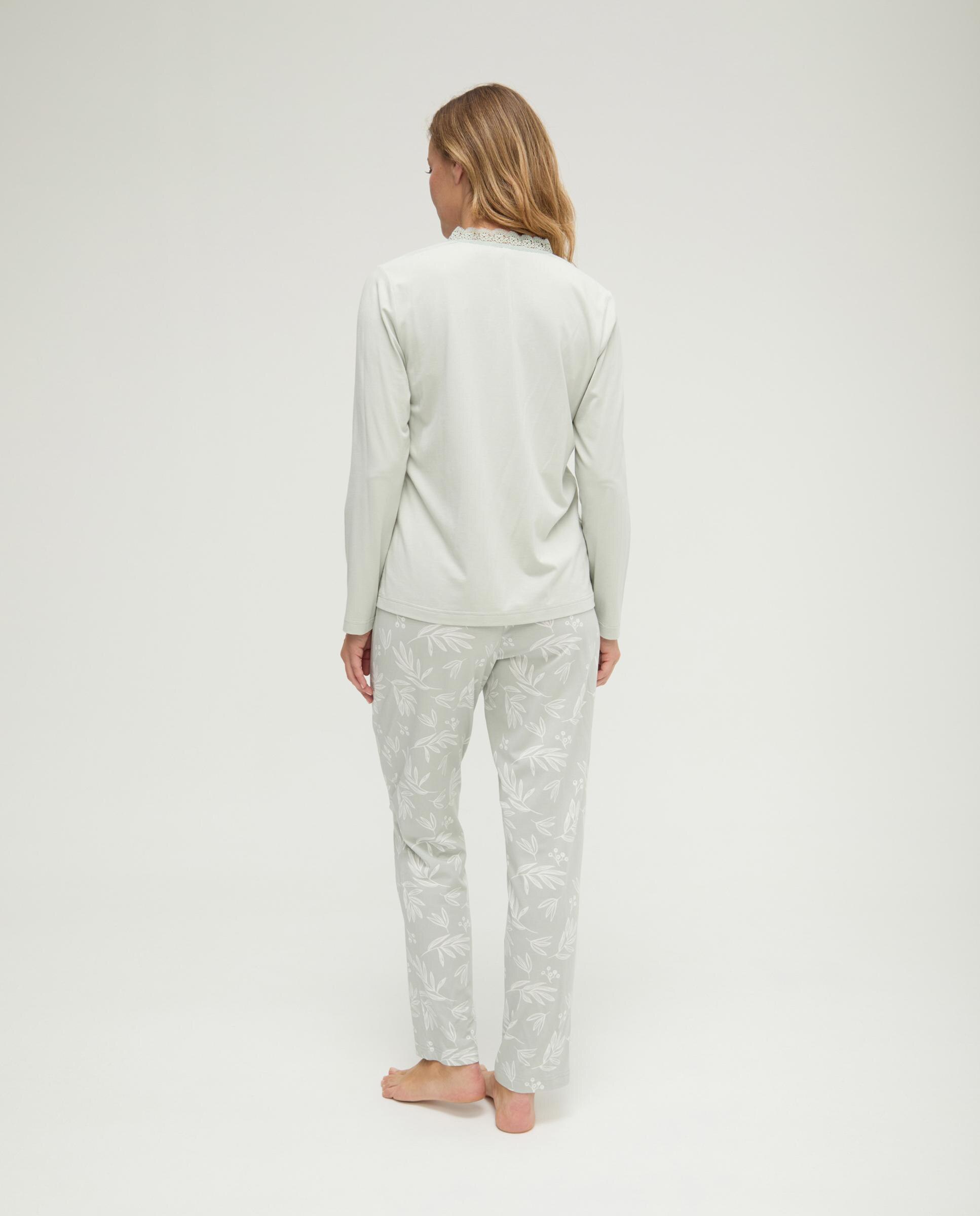 Pijama com Folhas Decote em V Renda Verde-2