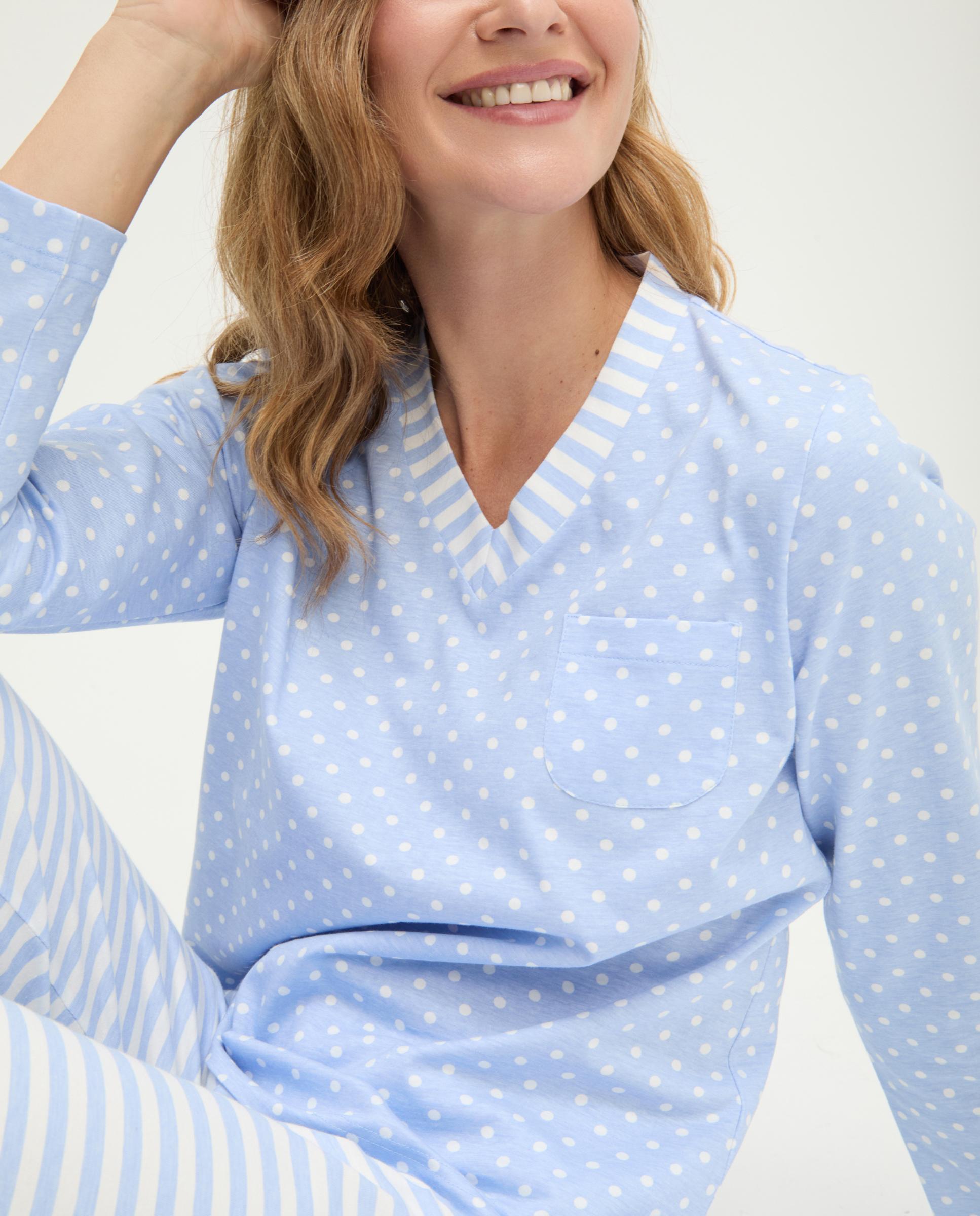 Pijama com Riscas e Bolinhas em V Azul-celeste-4