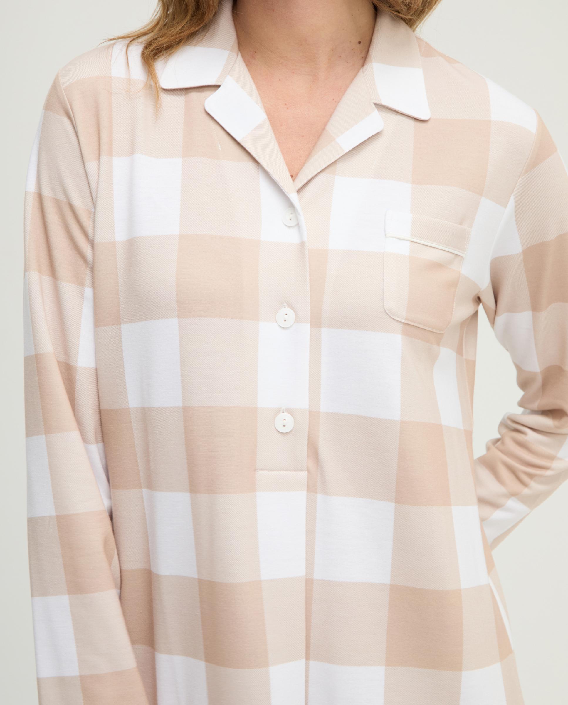 Robe Aos Quadrados de Manga Comprida Camel-4