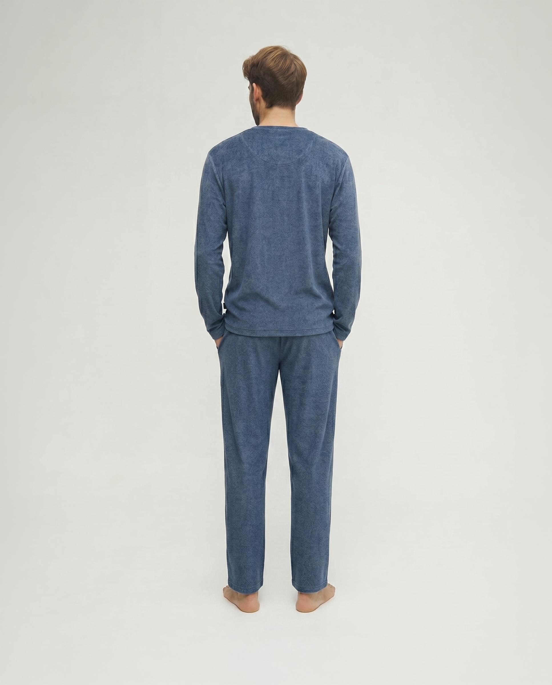 Pijama Comprido com Gola em V Azul-2