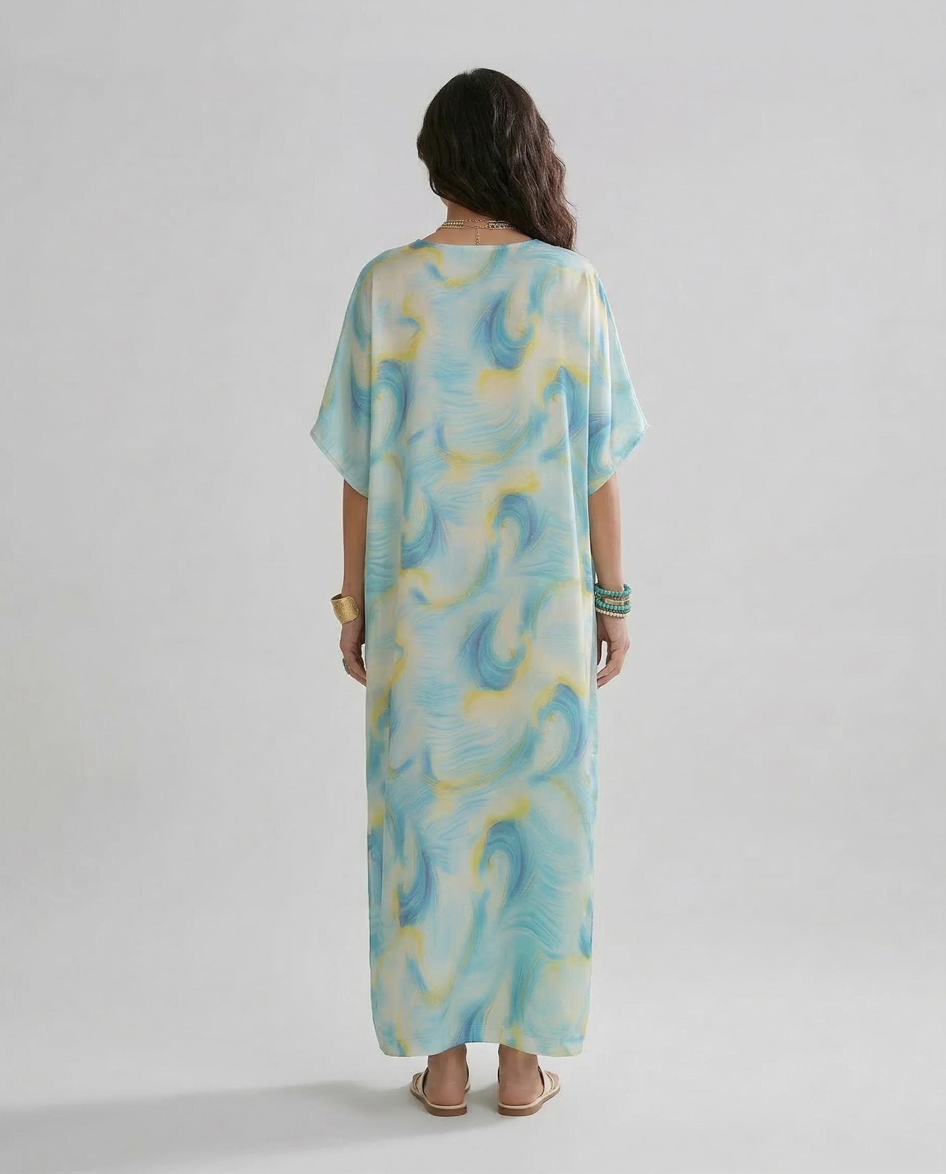 Kaftan de Seda Natural Estampado Azul-2