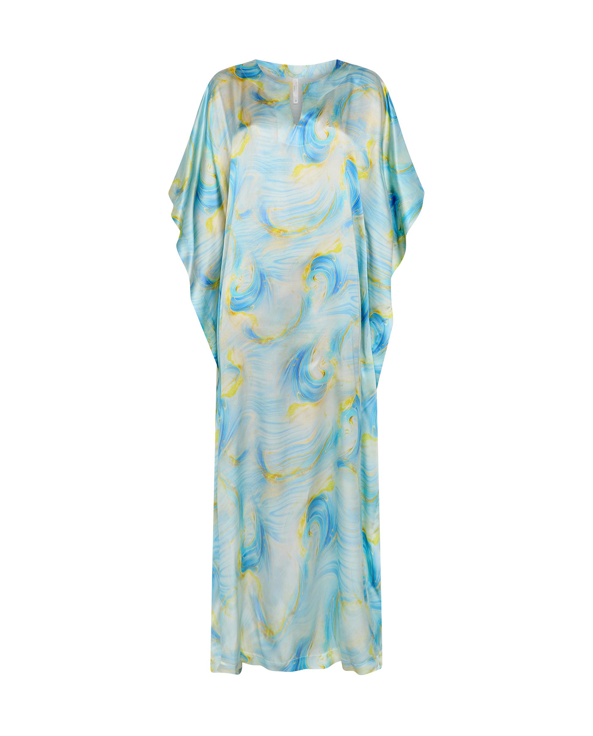 Kaftan de Seda Natural Estampado Azul-3