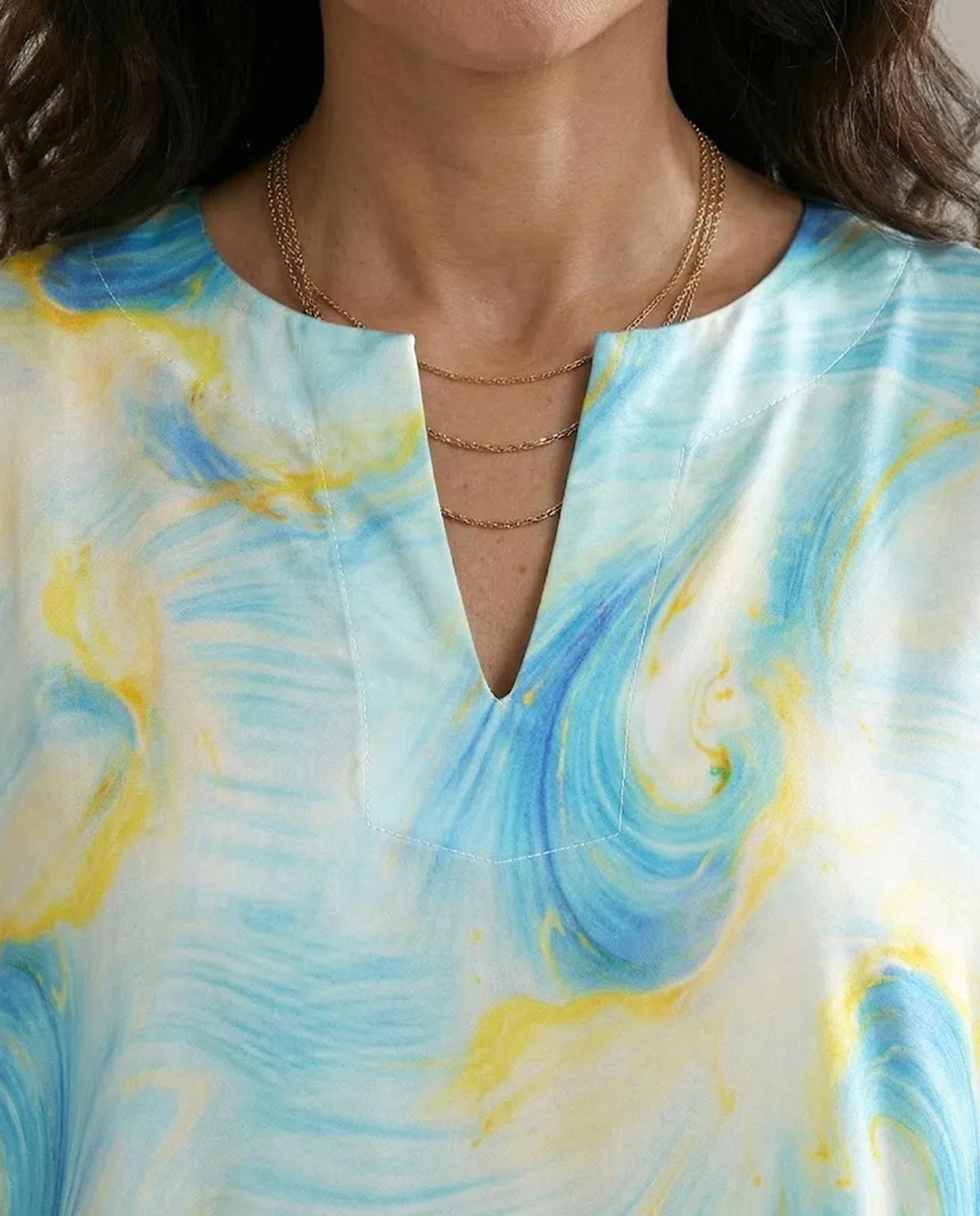 Kaftan de Seda Natural Estampado Azul-4
