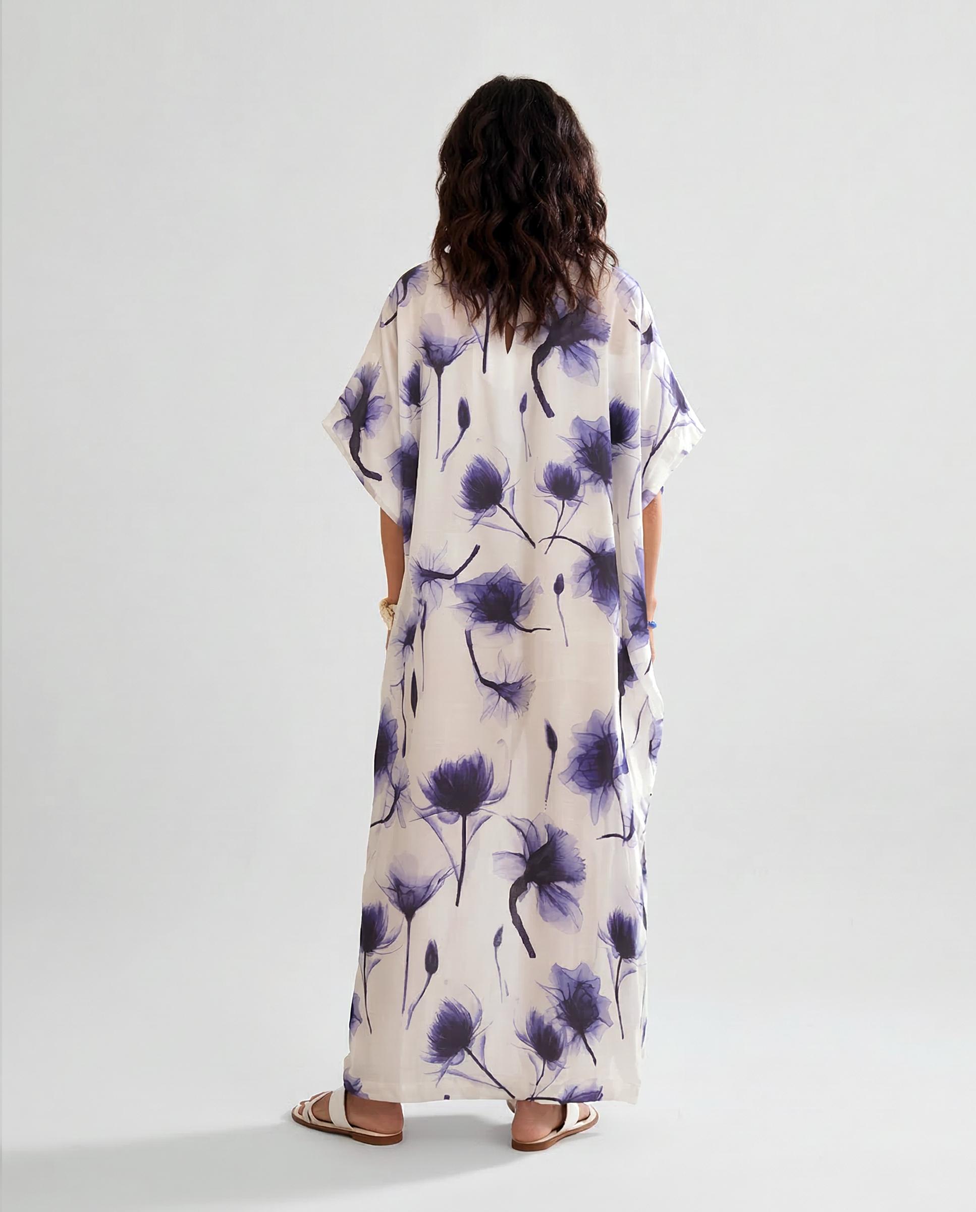 Kaftan de Seda Natural Estampado Azul-2