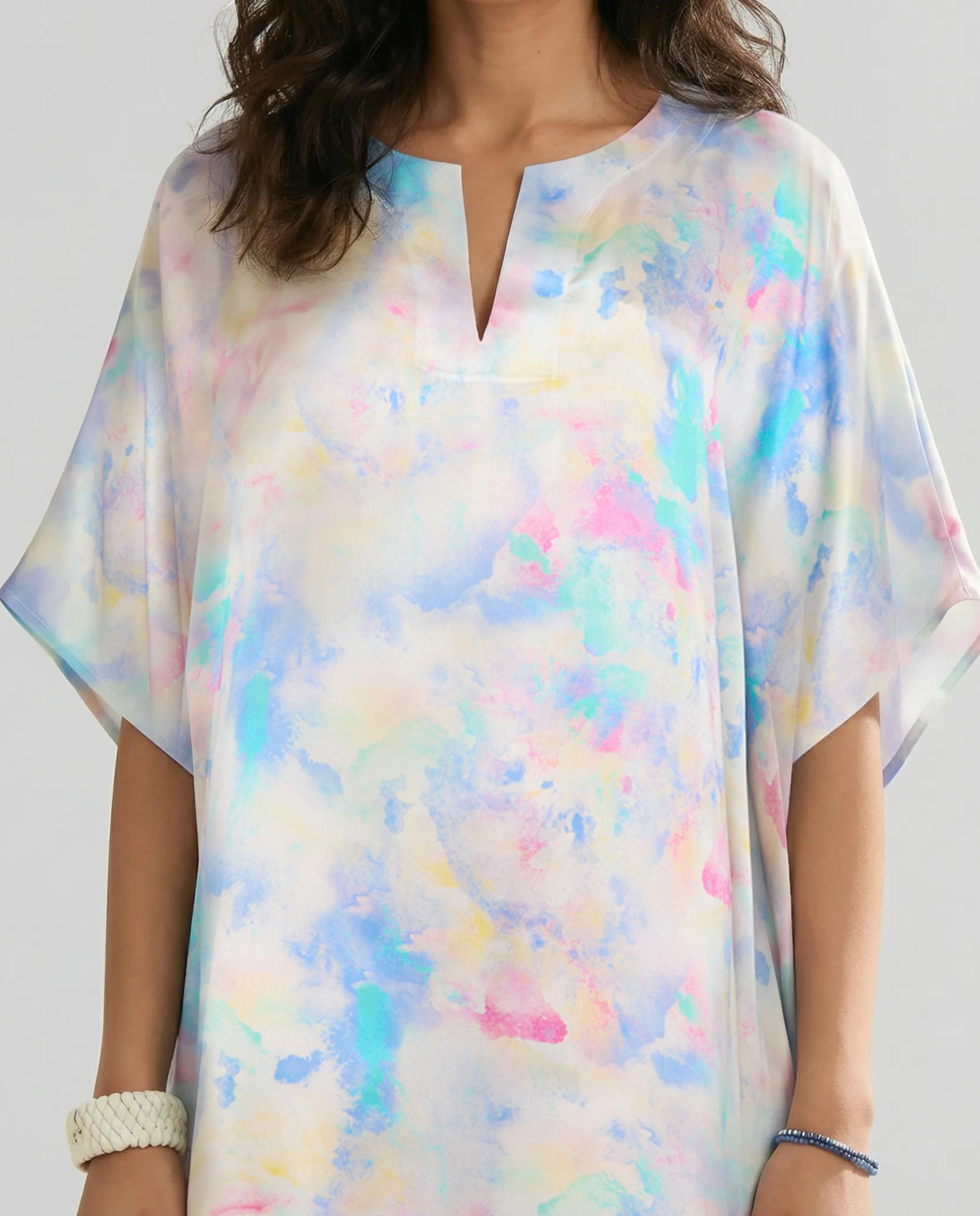 Kaftan de Seda Natural Estampado Rosa-4
