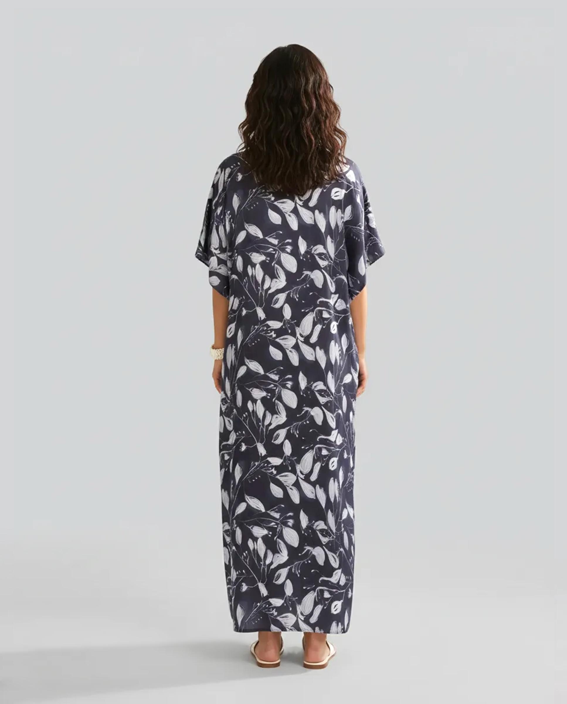 Kaftan de Seda Natural Estampado Azul-marinho-2