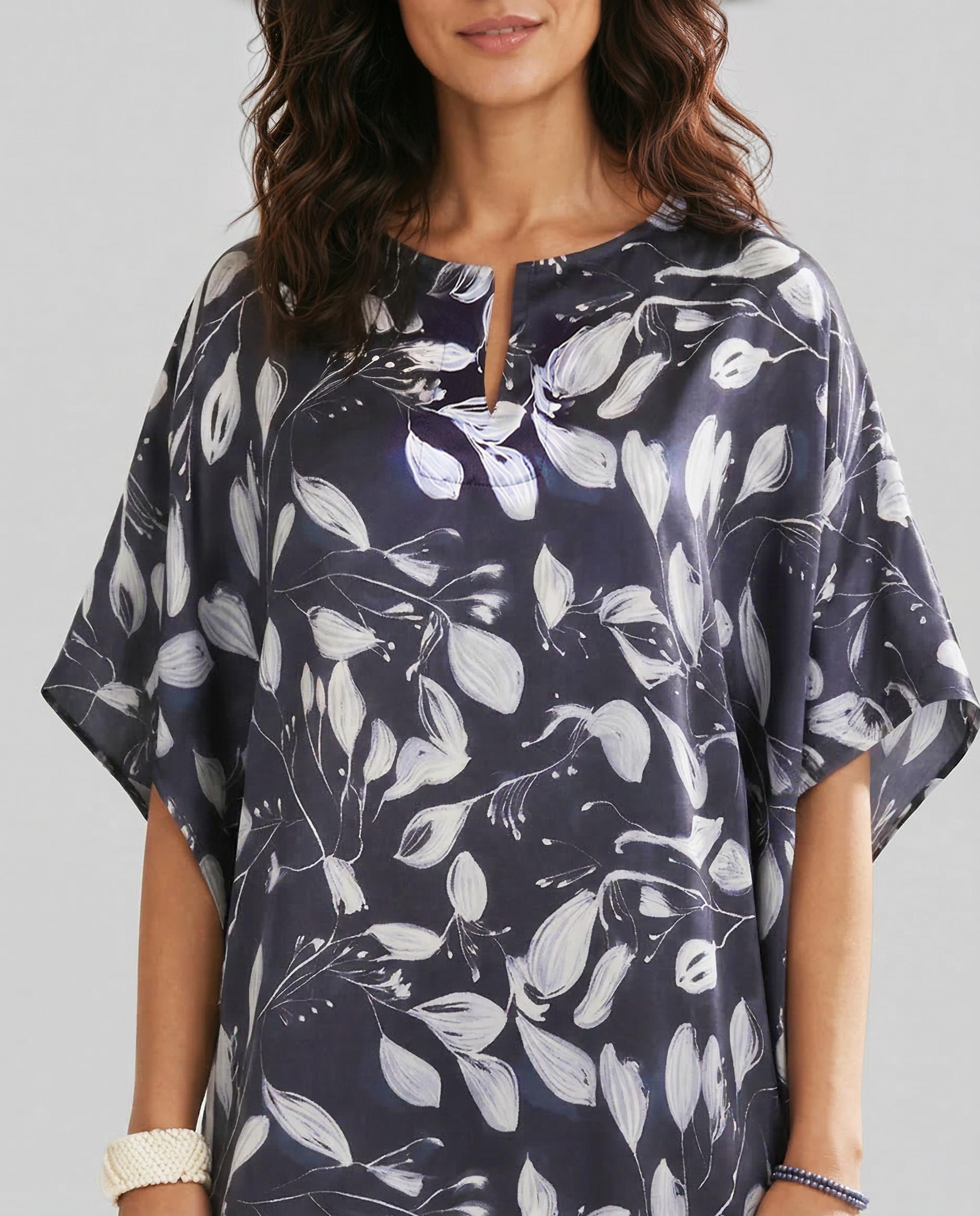 Kaftan de Seda Natural Estampado Azul-marinho-4