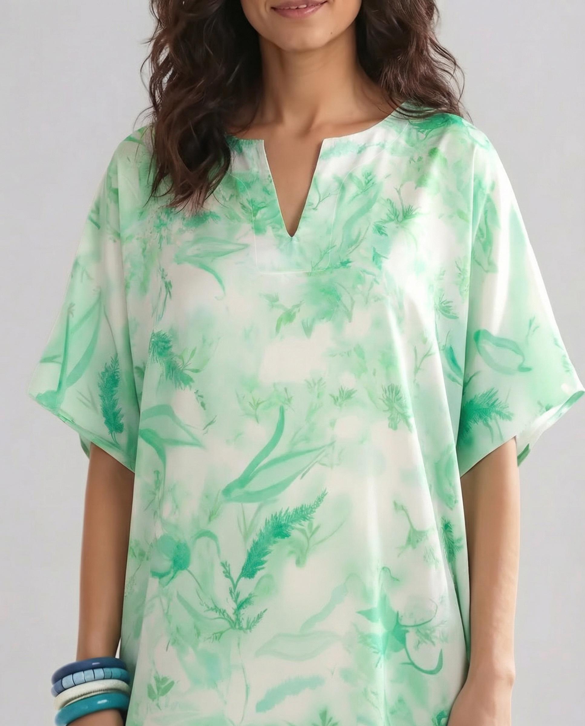 Kaftan de Seda Natural Estampado Verde-4