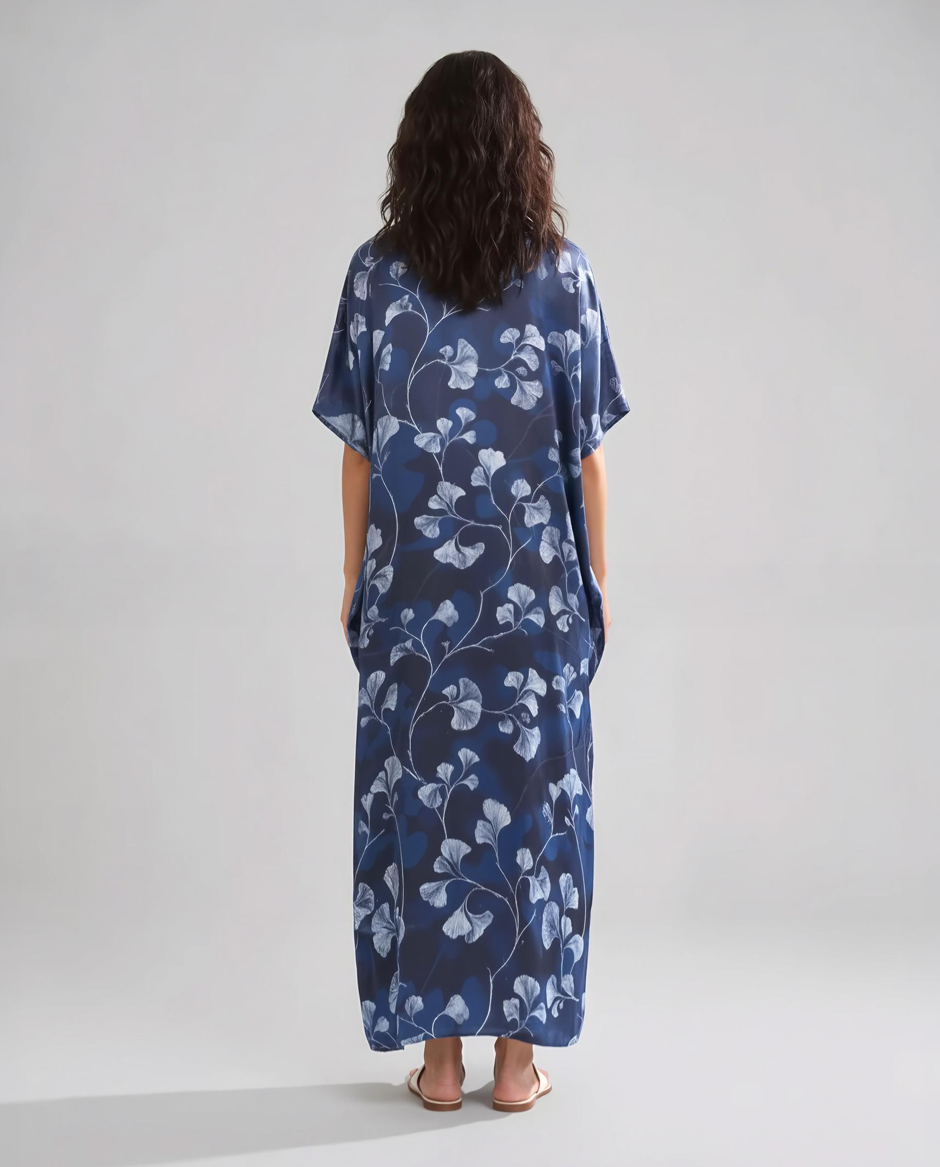 Kaftan de Seda Natural Estampado Azul-marinho-2