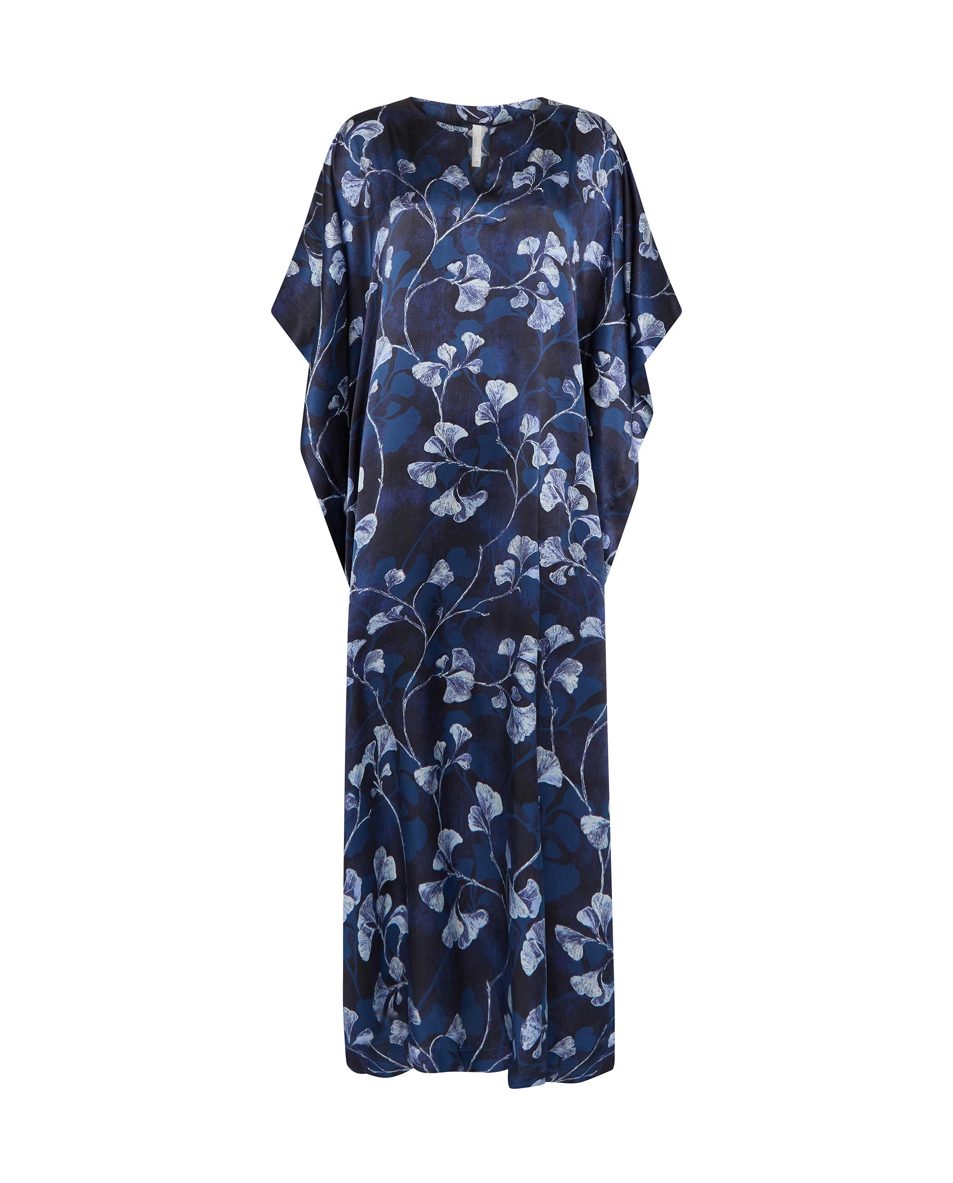 Kaftan de Seda Natural Estampado Azul-marinho-3