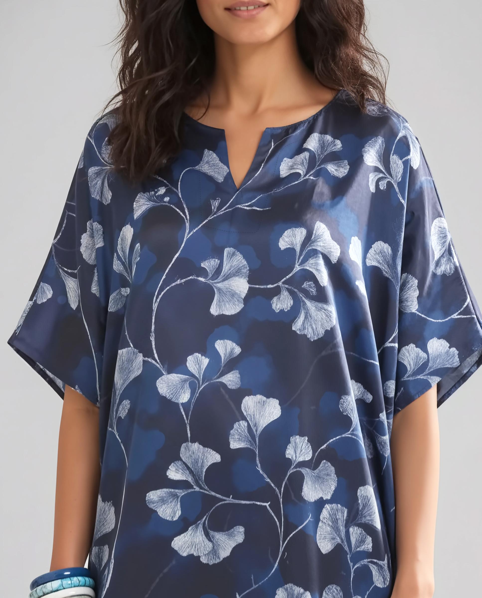 Kaftan de Seda Natural Estampado Azul-marinho-4