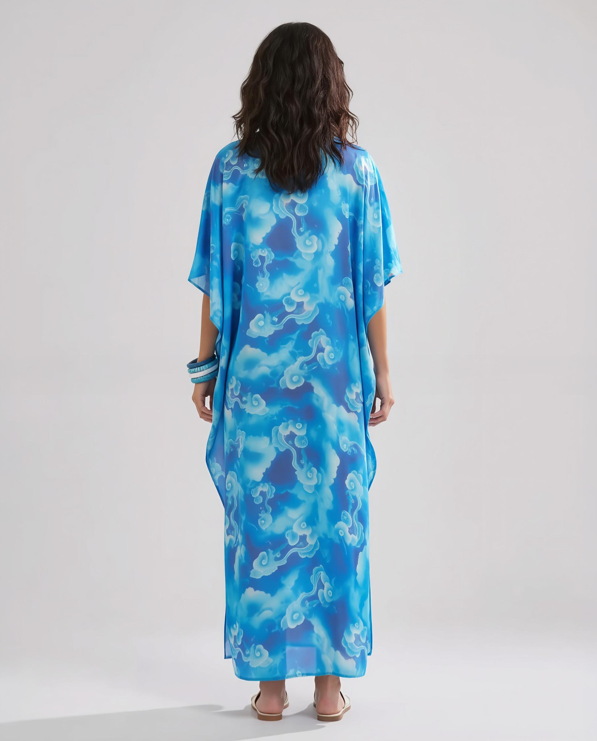 Kaftan de Seda Natural Estampado Azul-2