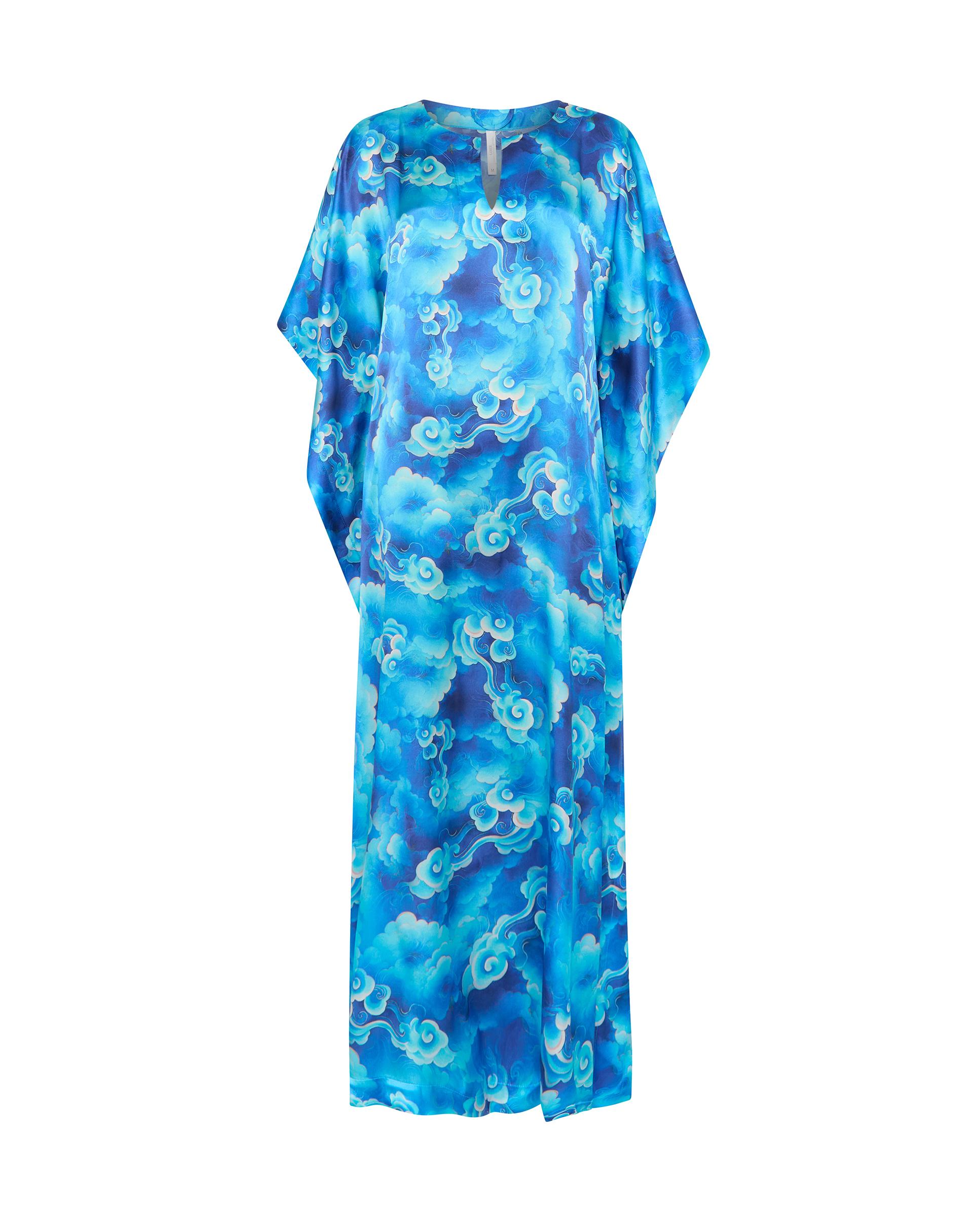 Kaftan de Seda Natural Estampado Azul-3