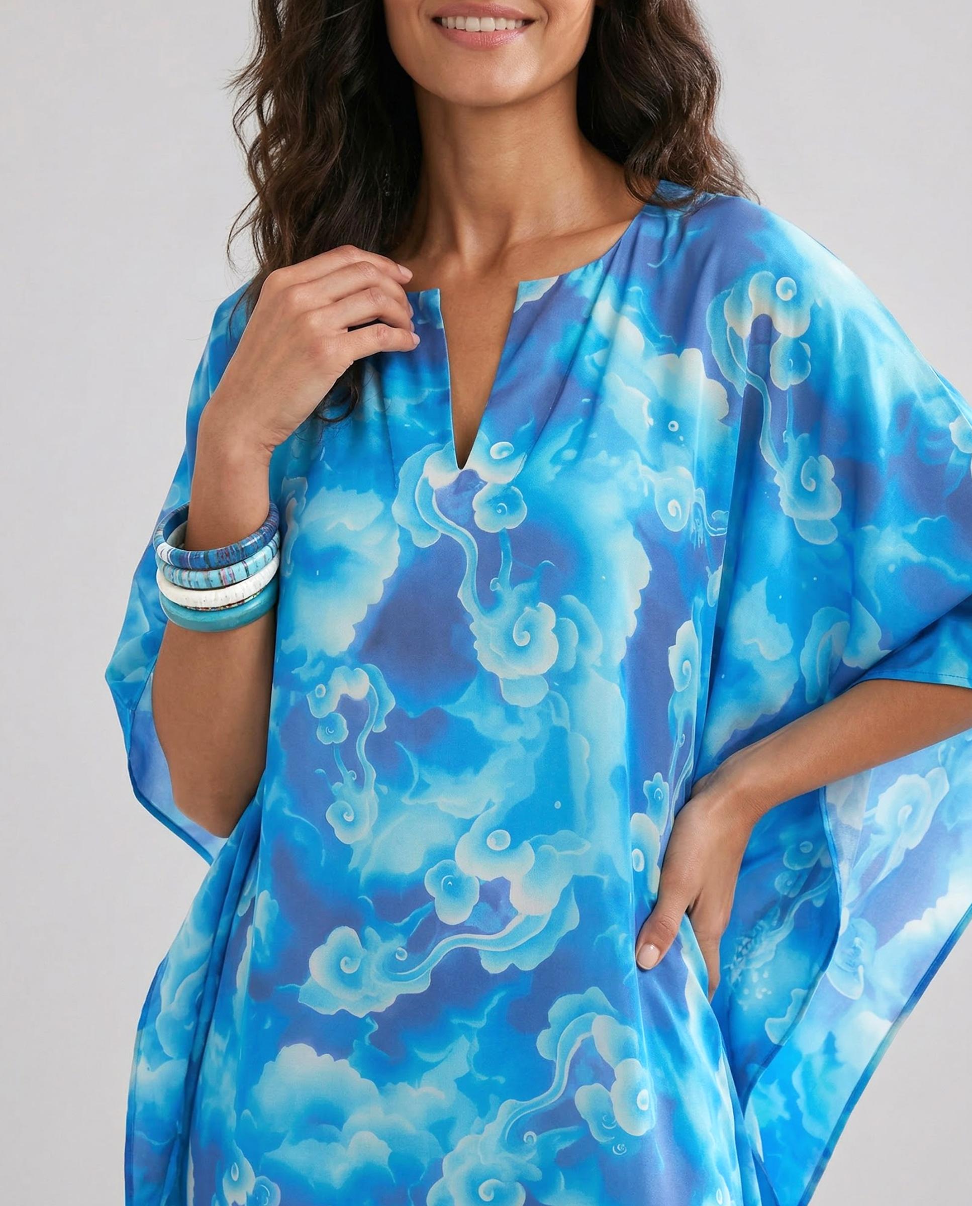Kaftan de Seda Natural Estampado Azul-4