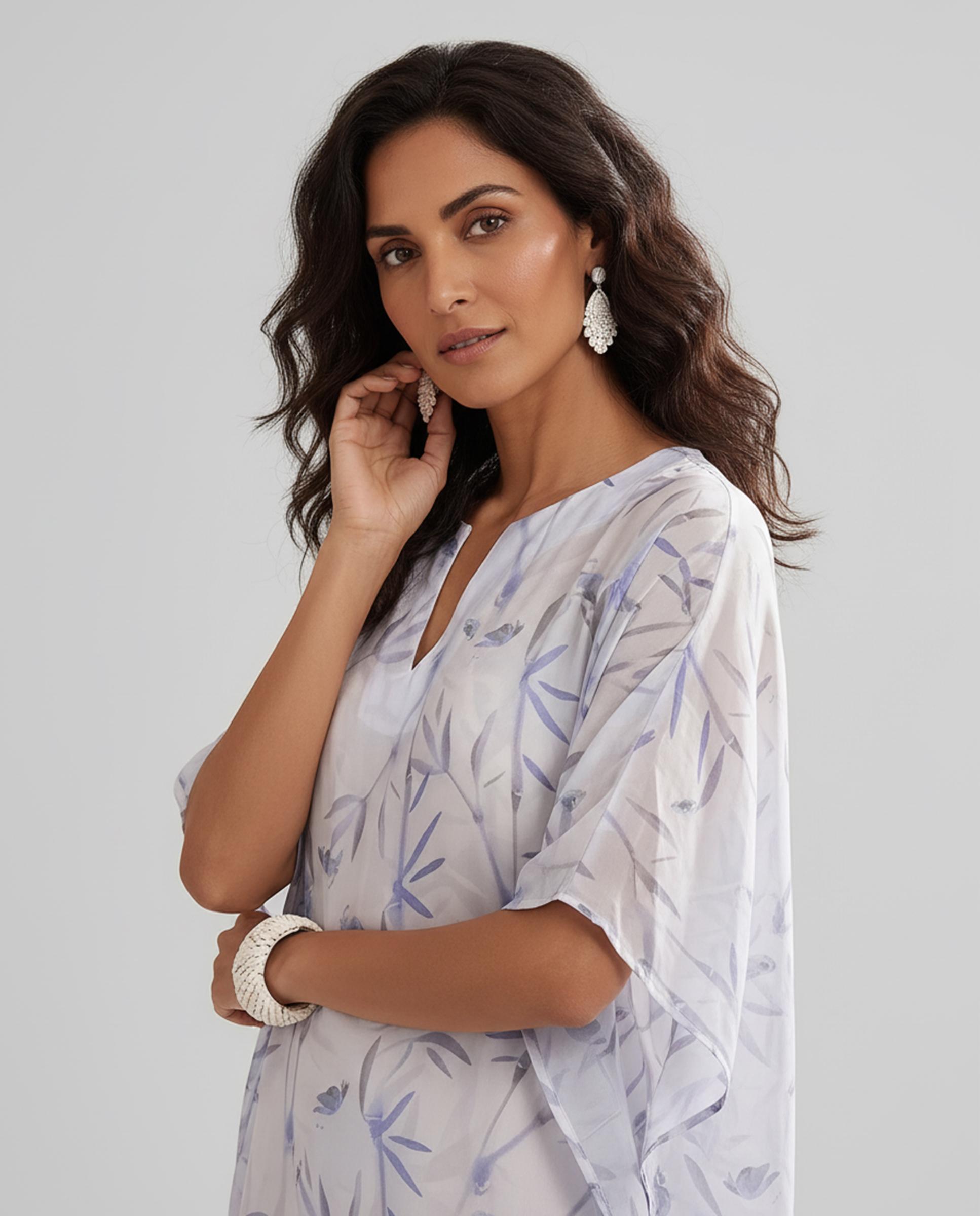 Kaftan de Seda Natural Estampado Azul-4