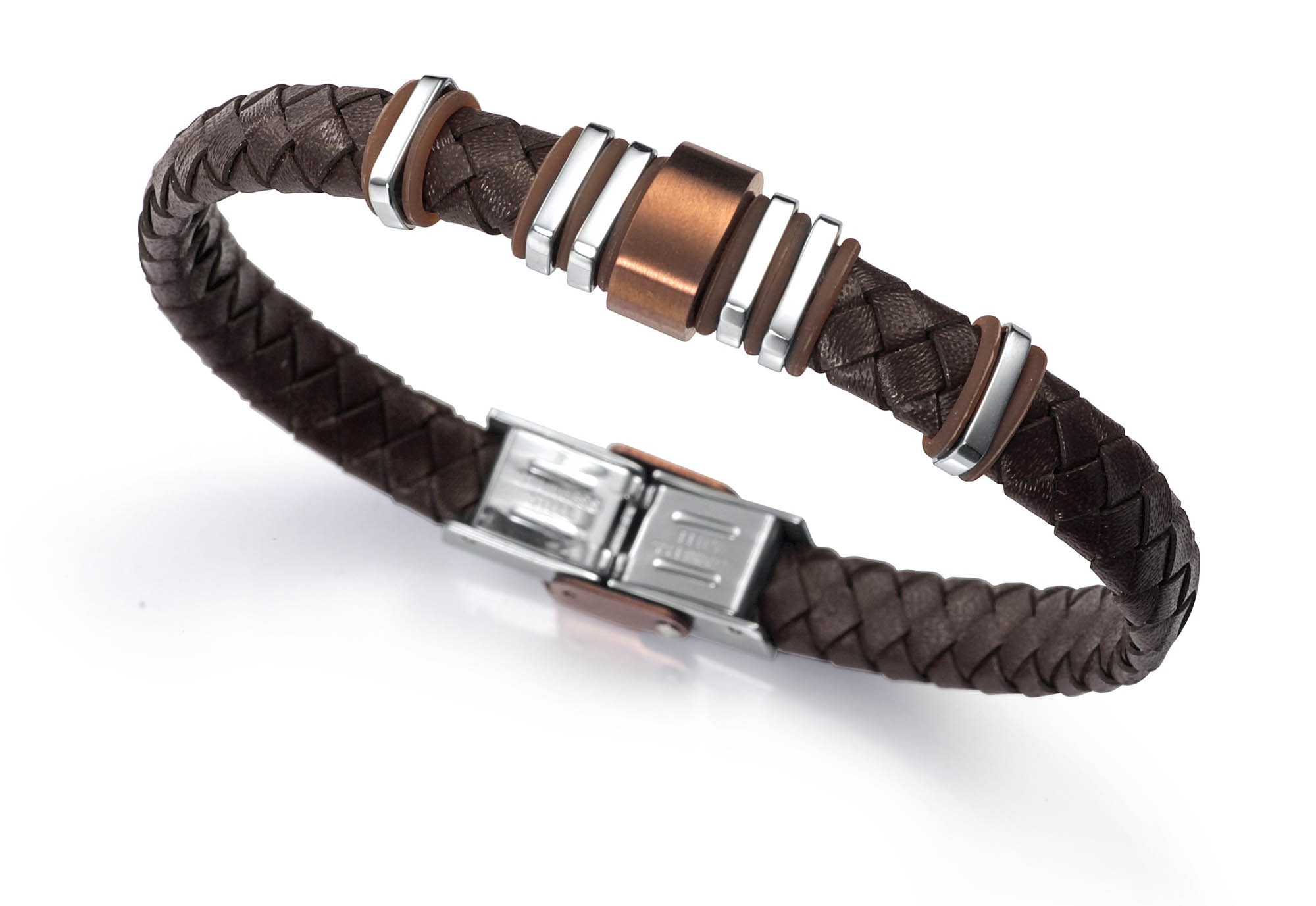 Pulseira Magnum de Aço e Pele em Castanho Castanho-2