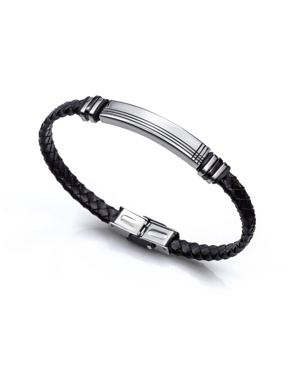 Imagem 0 de Pulseira em Aço e Pele em Preto