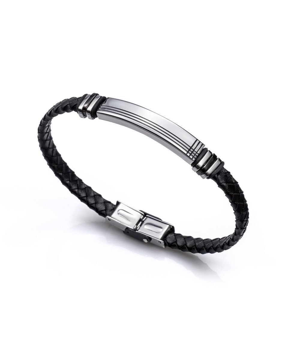 Pulseira em Aço e Pele em Preto Preto-1