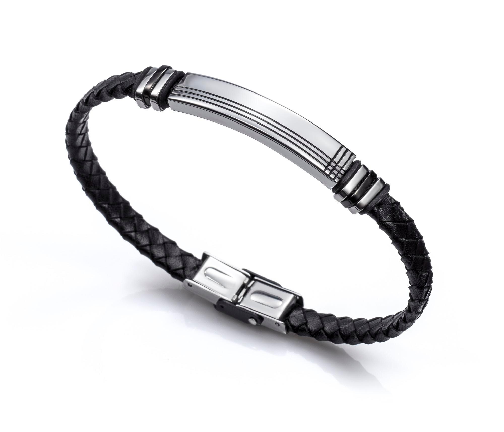 Pulseira em Aço e Pele em Preto Preto-2