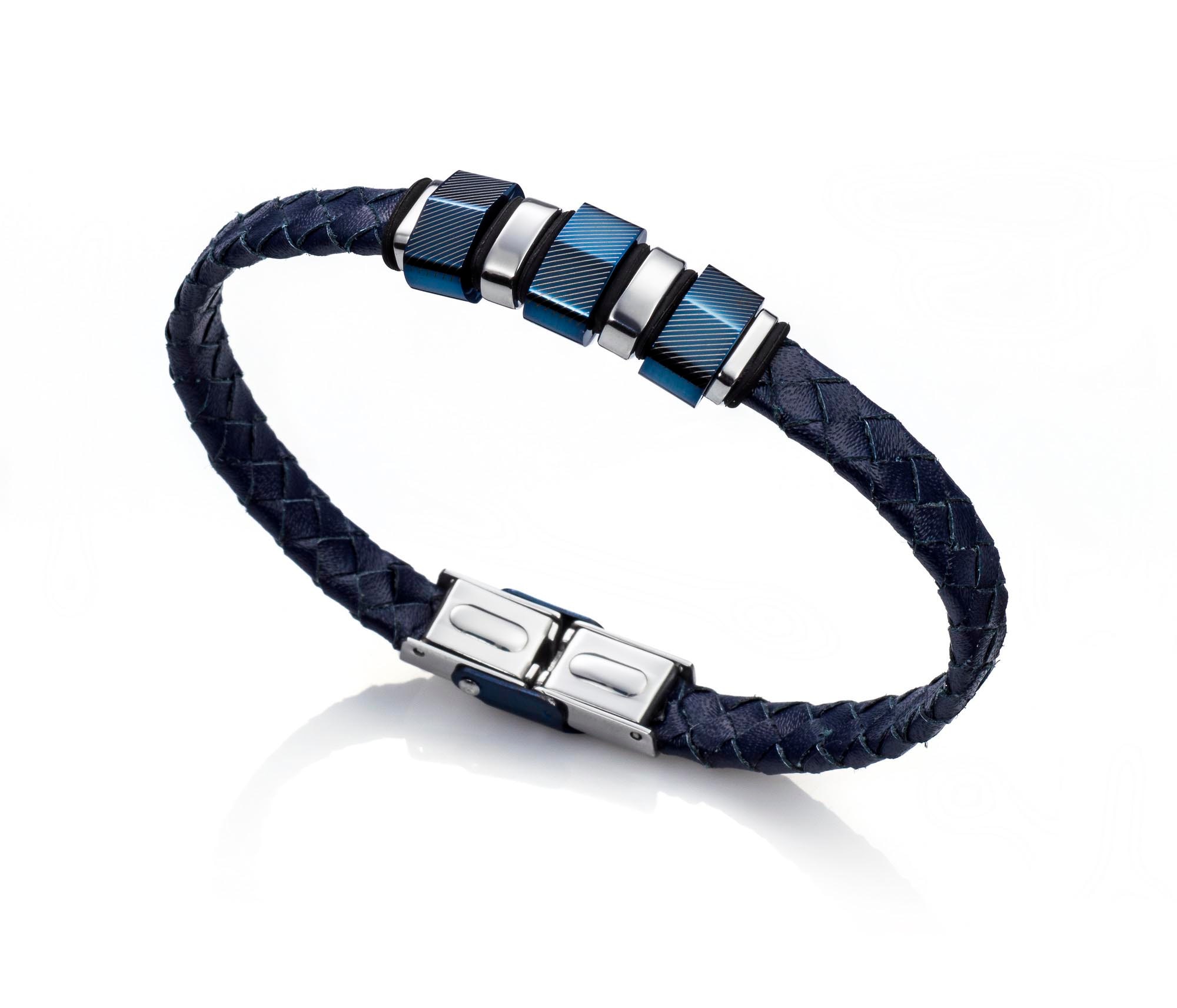 Pulseira em Aço e Pele Azul-2