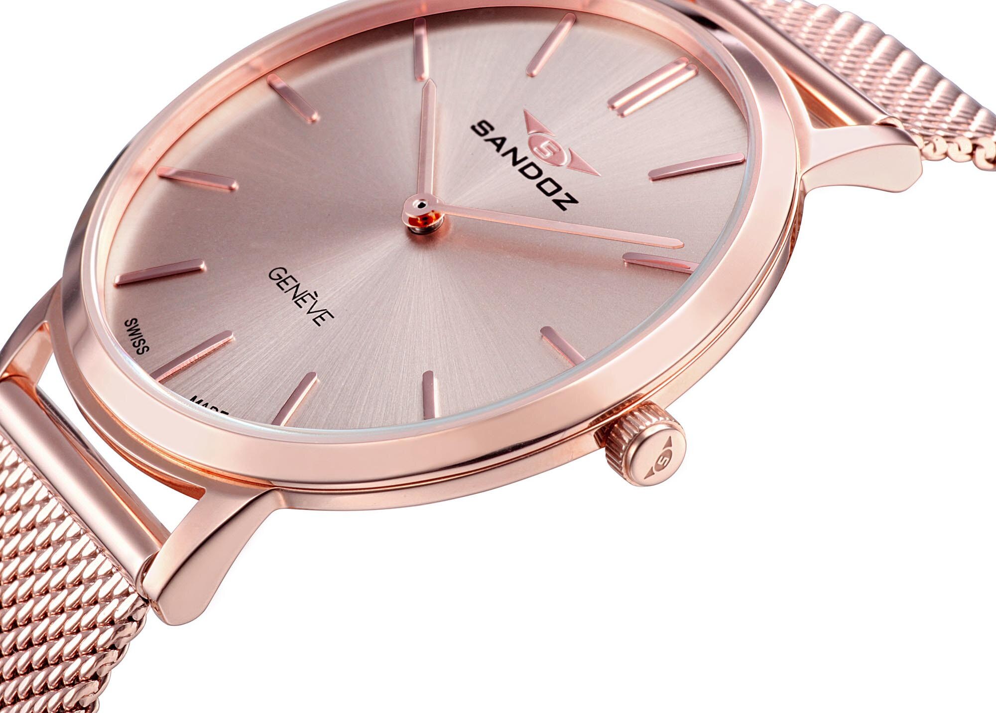 Relógio Sandoz 2 Ponteiros com Bracelete de Malha Milanesa em Aço Rosa-3