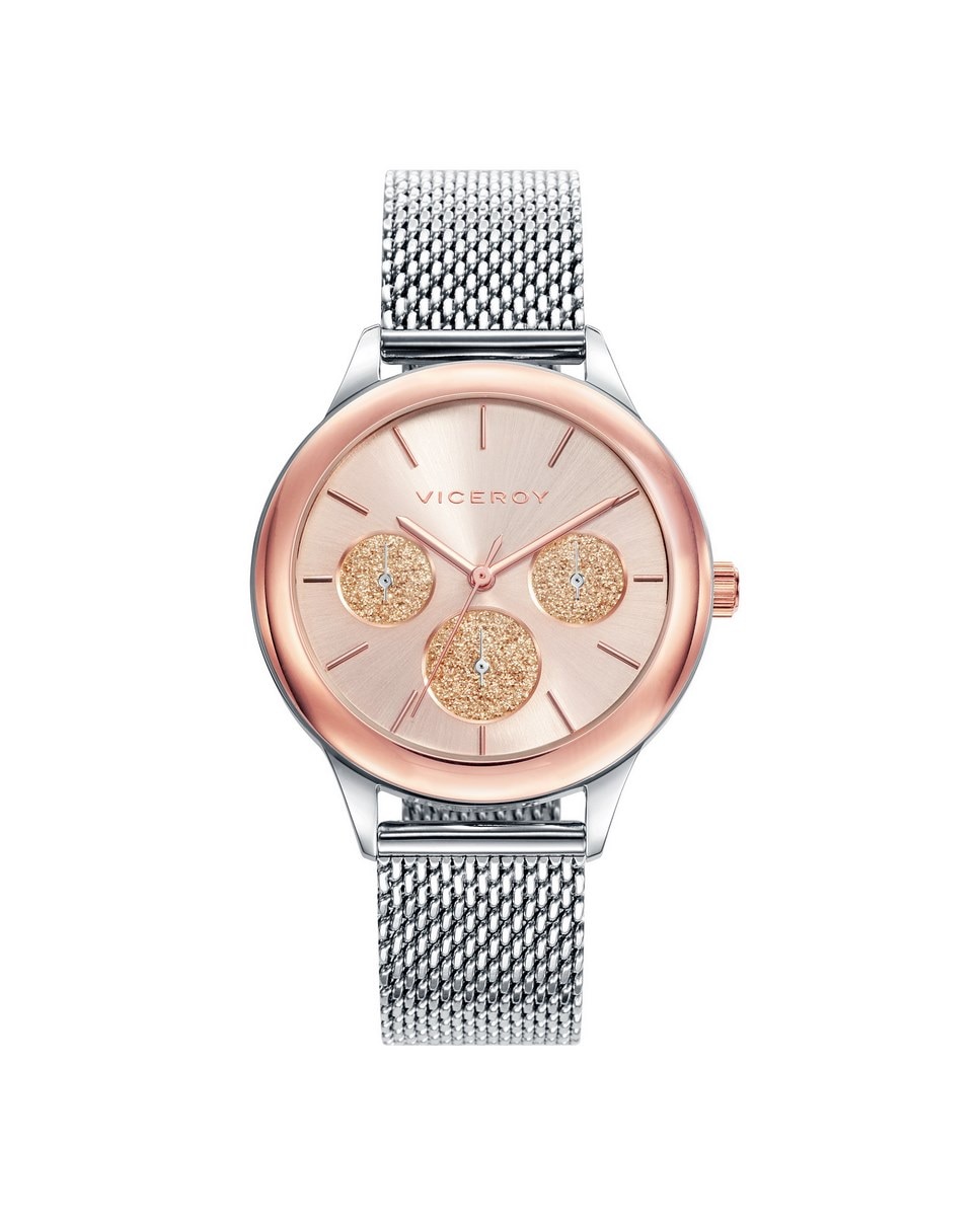 Relógio Analógico Chic Multifunções com Bisel de Aço Ip Rosa e Bracelete de Malha Milanesa de Aço Rosa-1