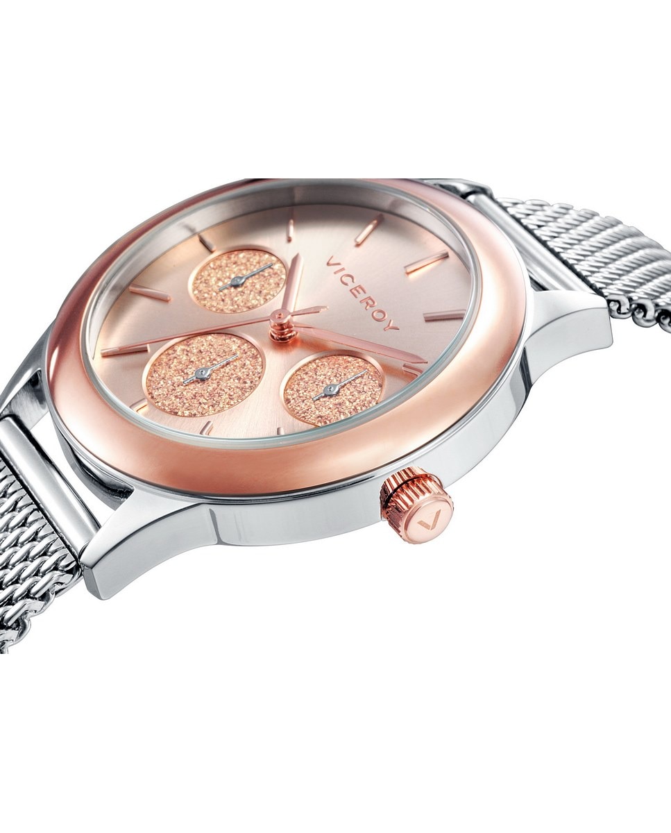 Relógio Analógico Chic Multifunções com Bisel de Aço Ip Rosa e Bracelete de Malha Milanesa de Aço Rosa-3