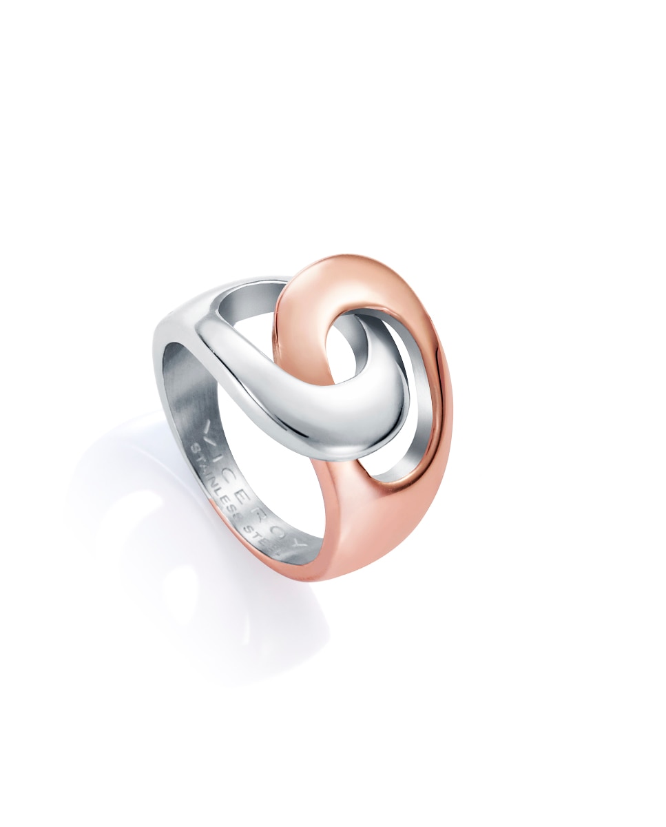 Anel Air de Aço Bicolor e Motivo Entrelaçado Rosa-1