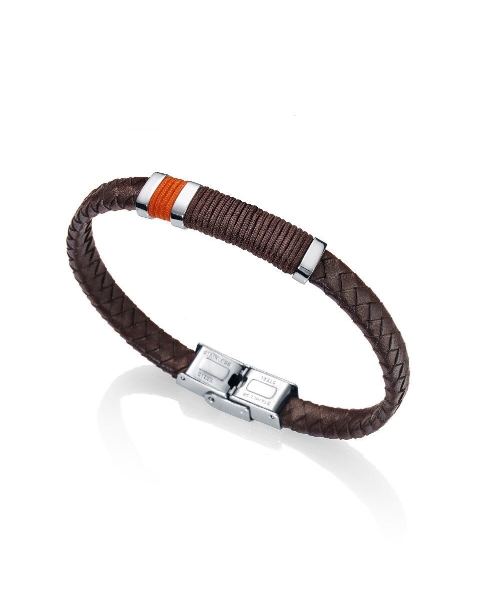 Pulseira Heat de Pele Entrançada em Castanho e Cordão em Laranja Castanho-2