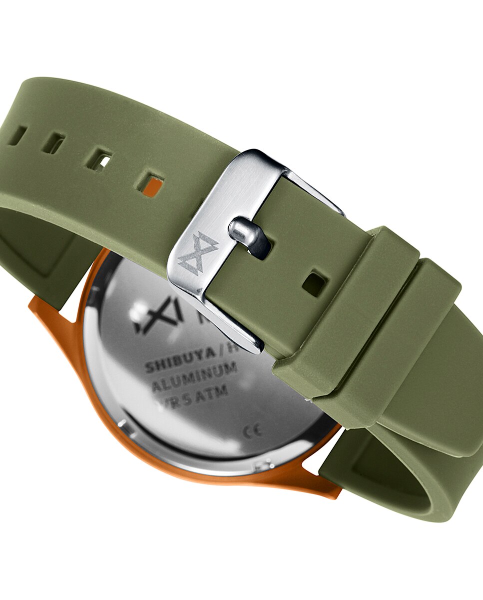 Relógio Analógico Shibuya Três Ponteiros de Alumínio em Laranja e Bracelete de Silicone em Verde Laranja-2