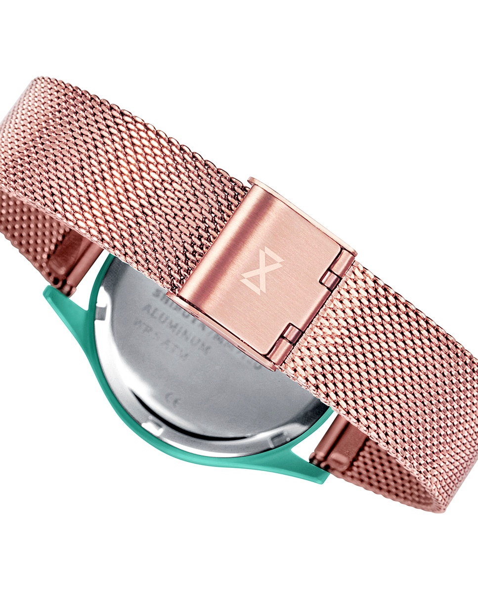 Relógio Analógico Shibuya Três Ponteiros de Alumínio em Verde e Bracelete Tipo Rede Ip Rosa Verde-2