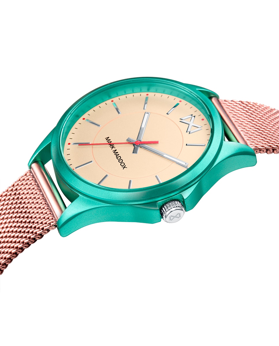 Relógio Analógico Shibuya Três Ponteiros de Alumínio em Verde e Bracelete Tipo Rede Ip Rosa Verde-3
