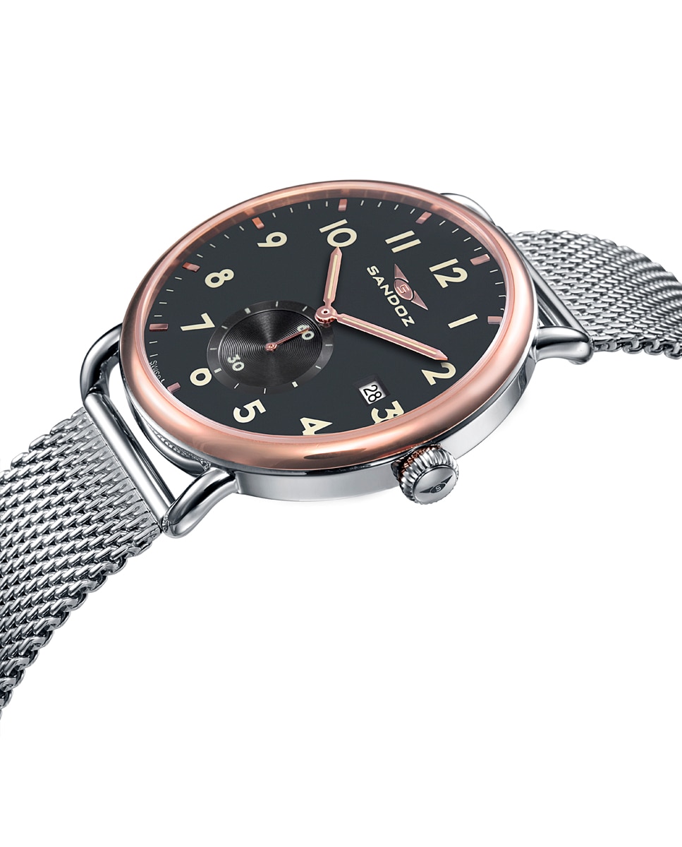 Relógio Sandoz Antique Três Ponteiros de Aço com Ip Rosa e Bracelete Milanesa Prateado-3