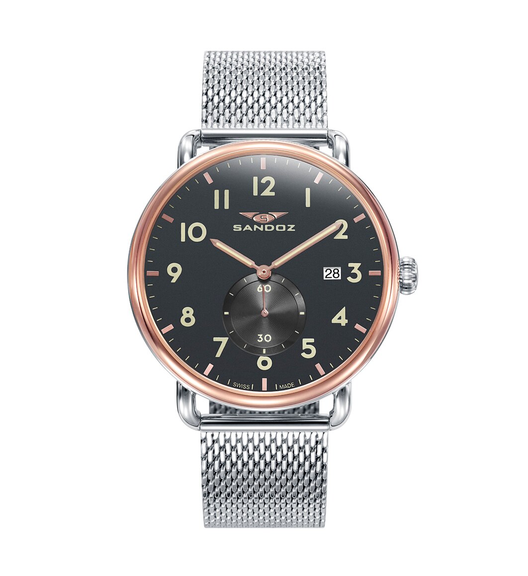 Relógio Sandoz Antique Três Ponteiros de Aço com Ip Rosa e Bracelete Milanesa Prateado-4
