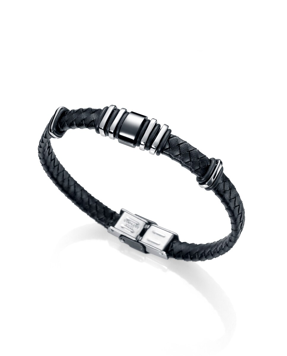 Pulseira Magnum de Aço e Pele Entrançada em Preto Preto-2
