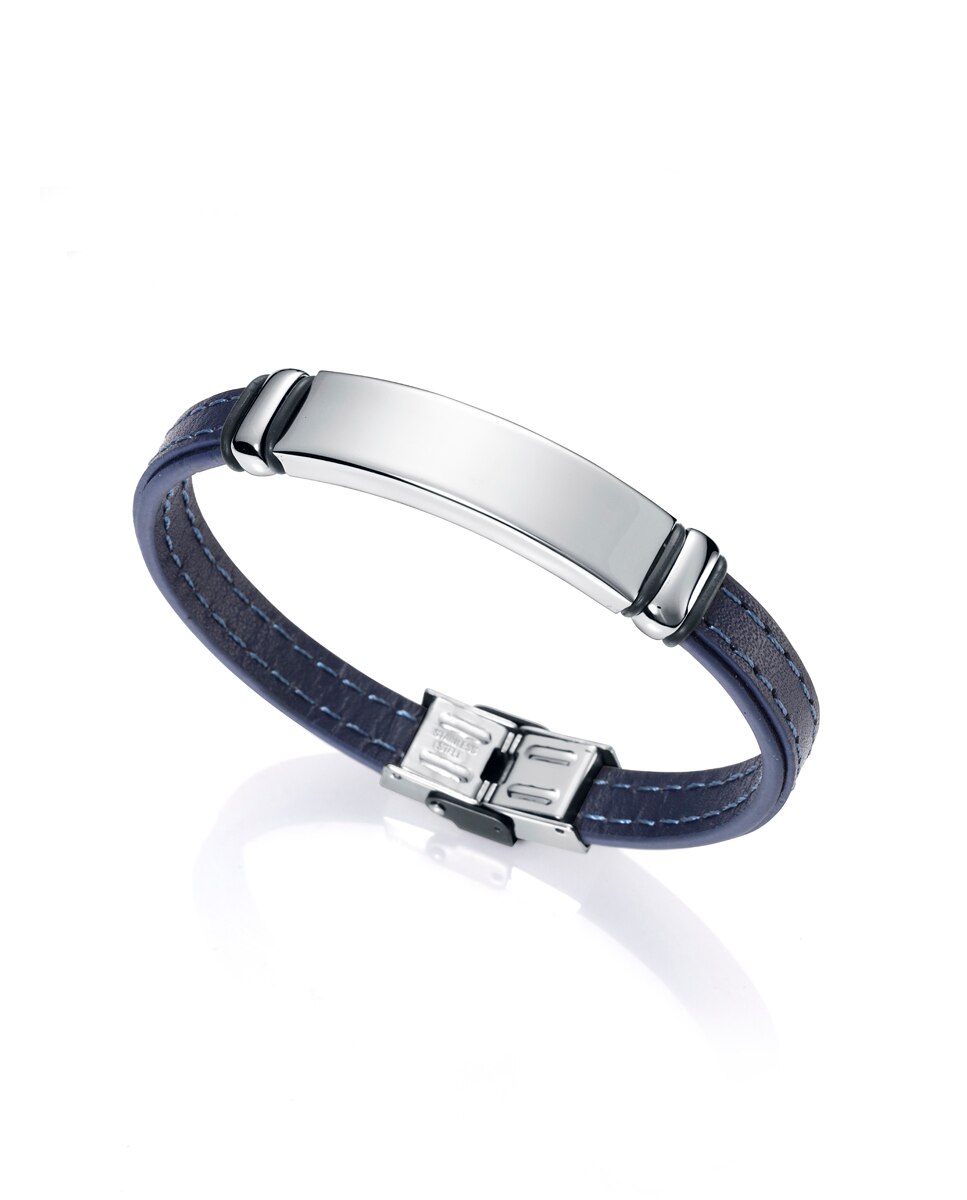 Pulseira Air de Pele Azul e Placa Central de Aço Azul-2