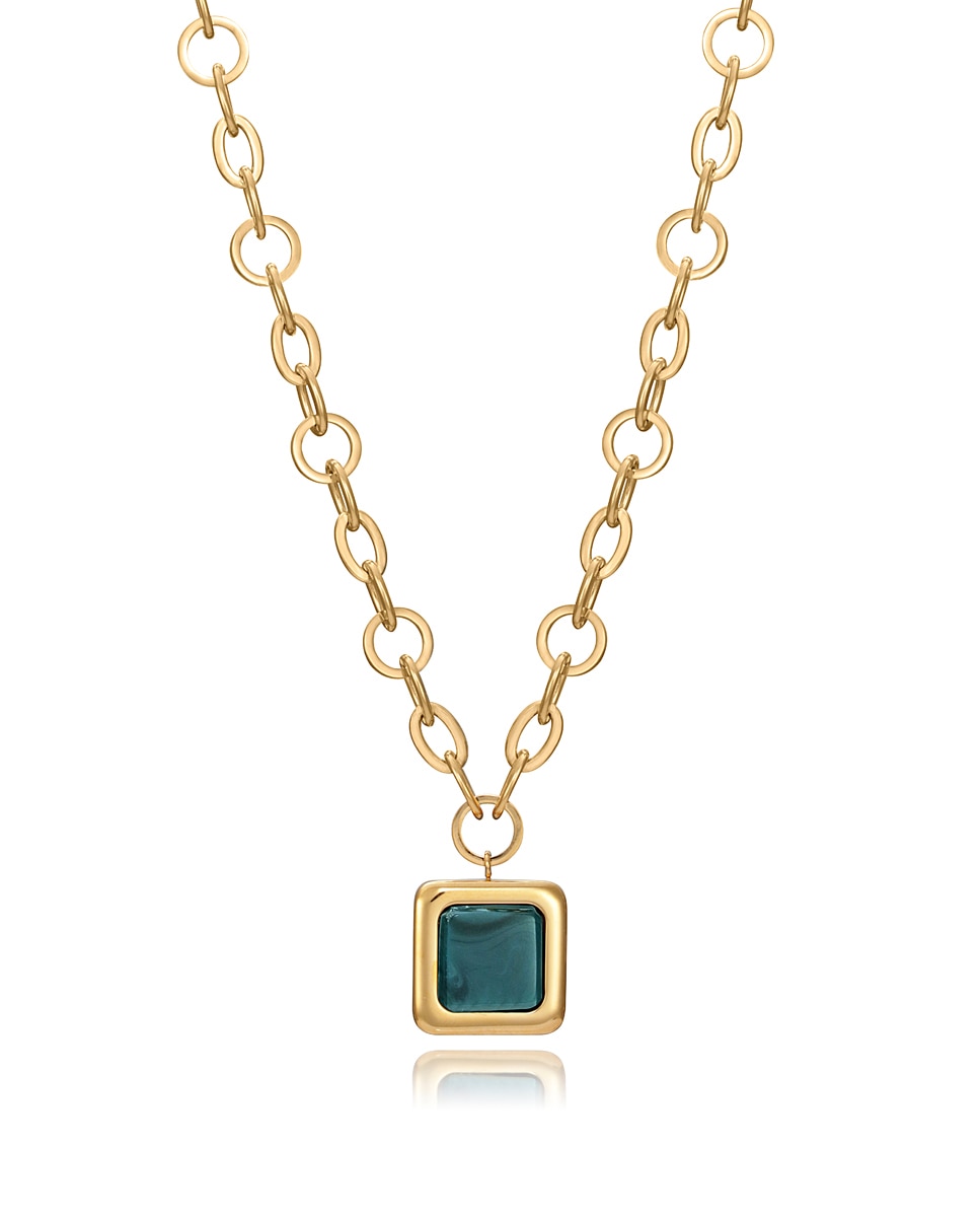 Colar Chic de Aço Ip Dourado com Um Pendente Quadrado com Pedra Verde Verde-1