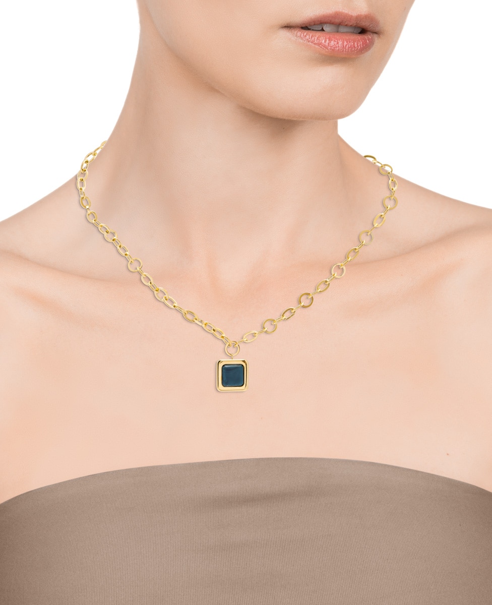 Colar Chic de Aço Ip Dourado com Um Pendente Quadrado com Pedra Verde Verde-2