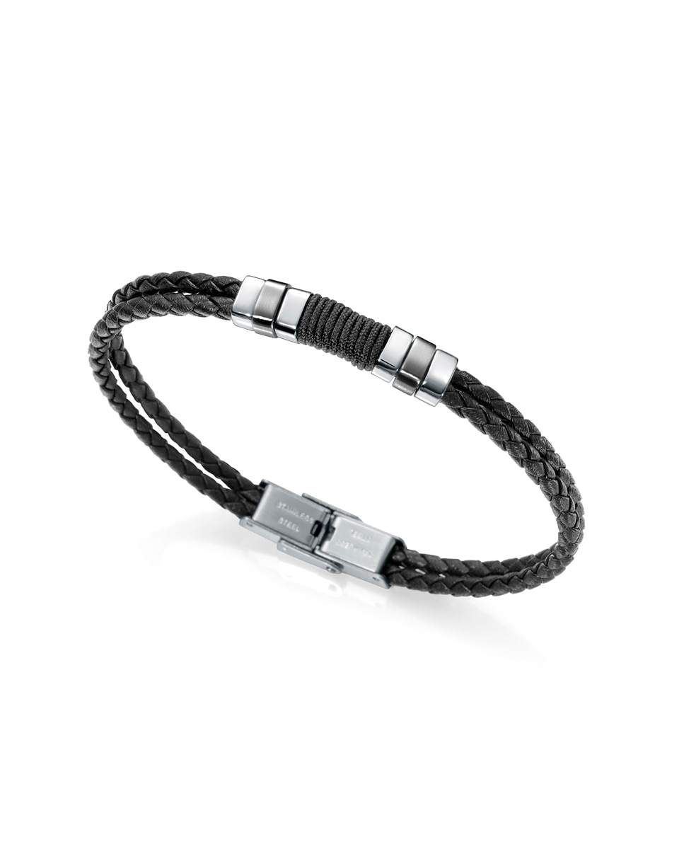 Pulseira Air de Pele Dupla Preta Entrançada e Aço Preto-1