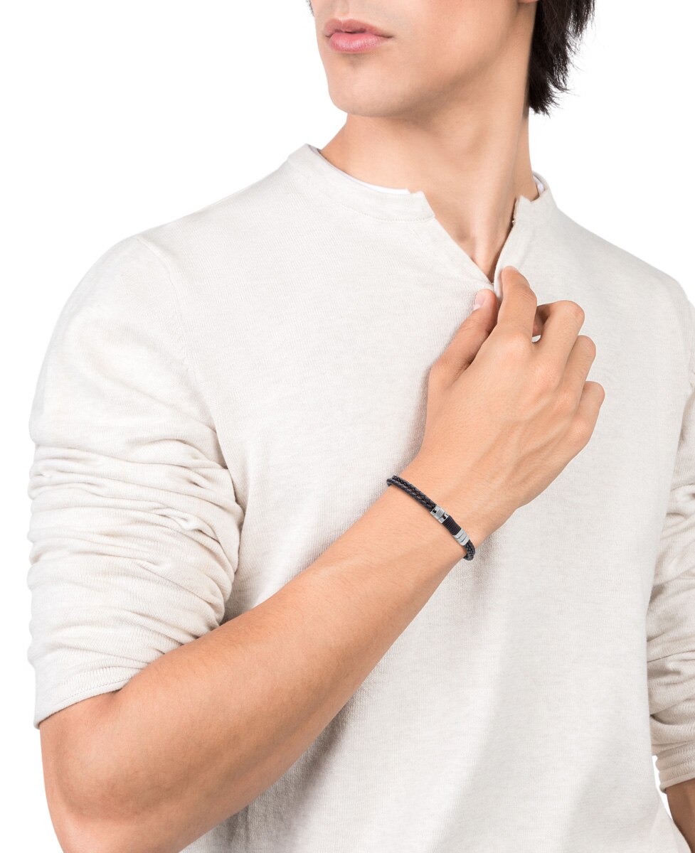 Pulseira Air de Pele Dupla Preta Entrançada e Aço Preto-2