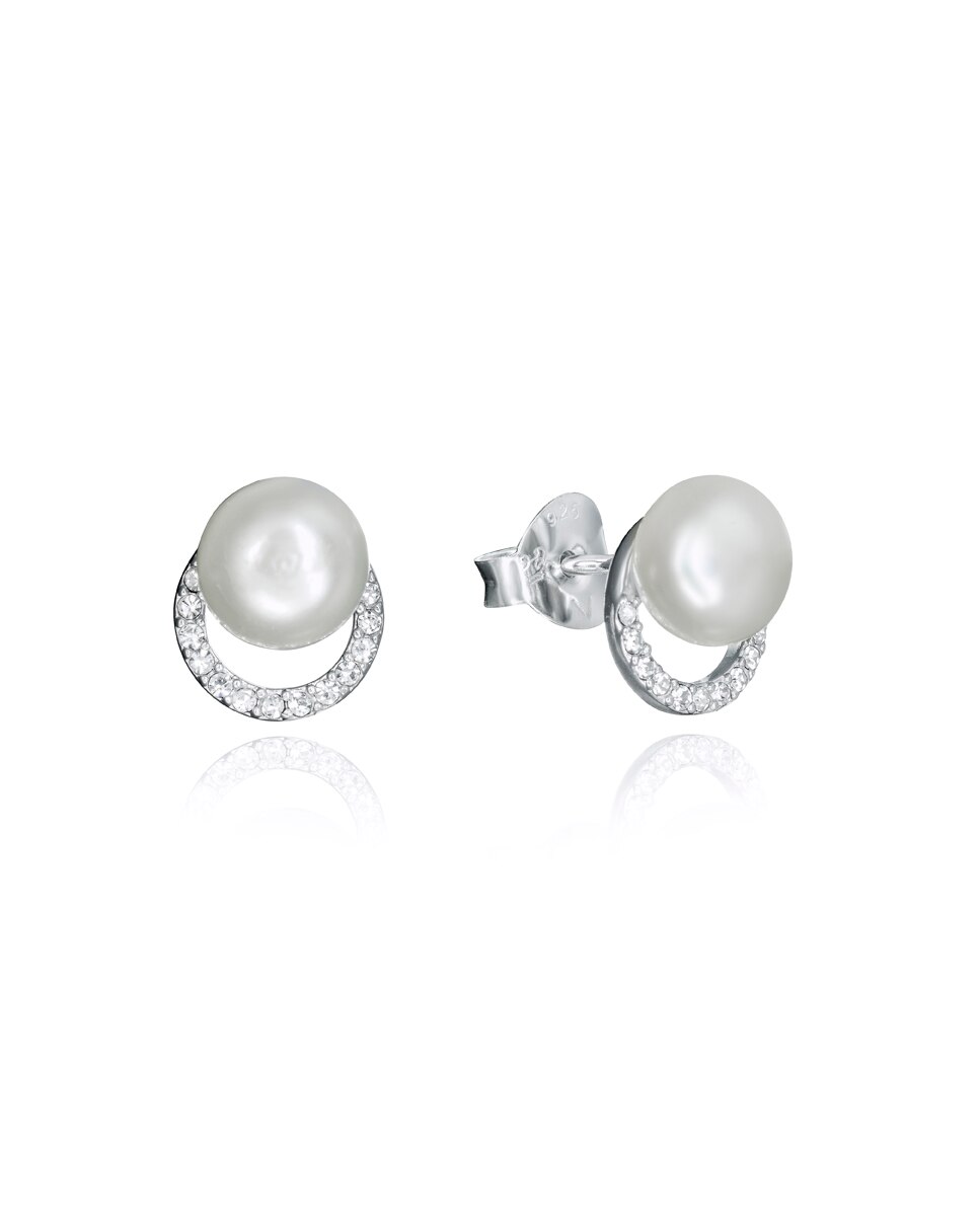 Brincos Clássica de Prata com Forma de Argola com Zircónias e Pérola Branco-1